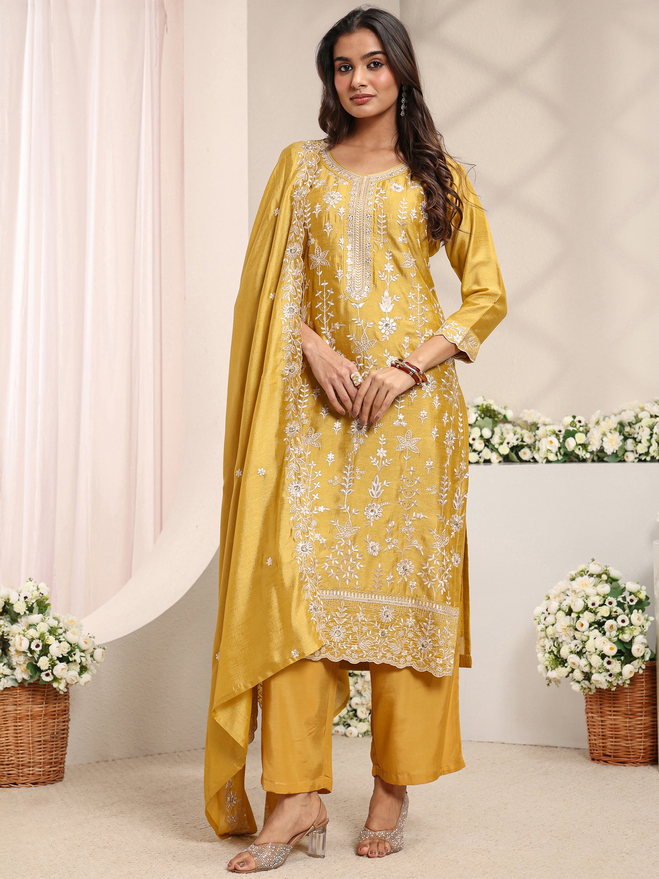 Mustard Embroidered Silk Blend Straight Kurta, Pants And Dupatta Set