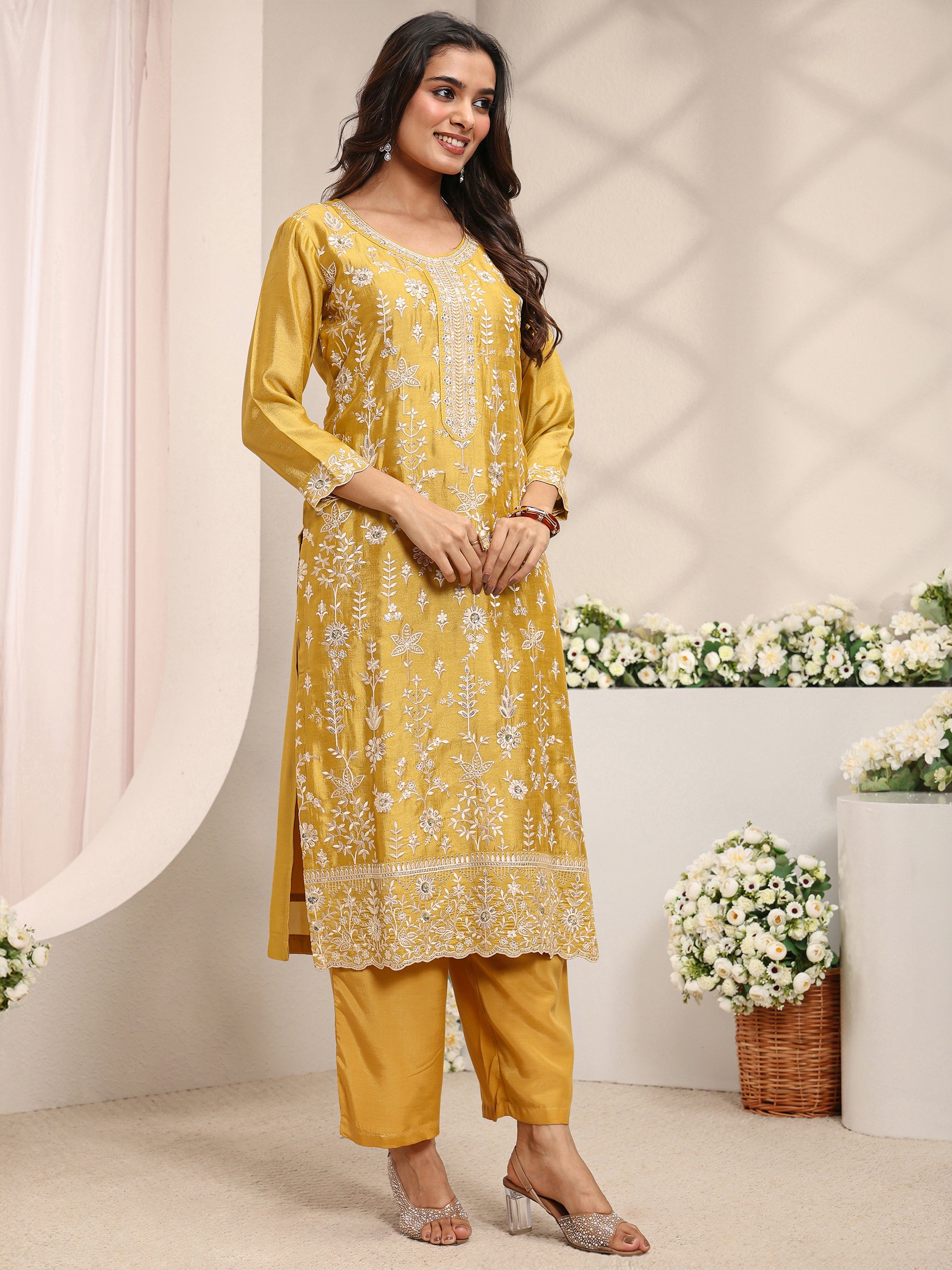Mustard Embroidered Silk Blend Straight Kurta, Pants And Dupatta Set