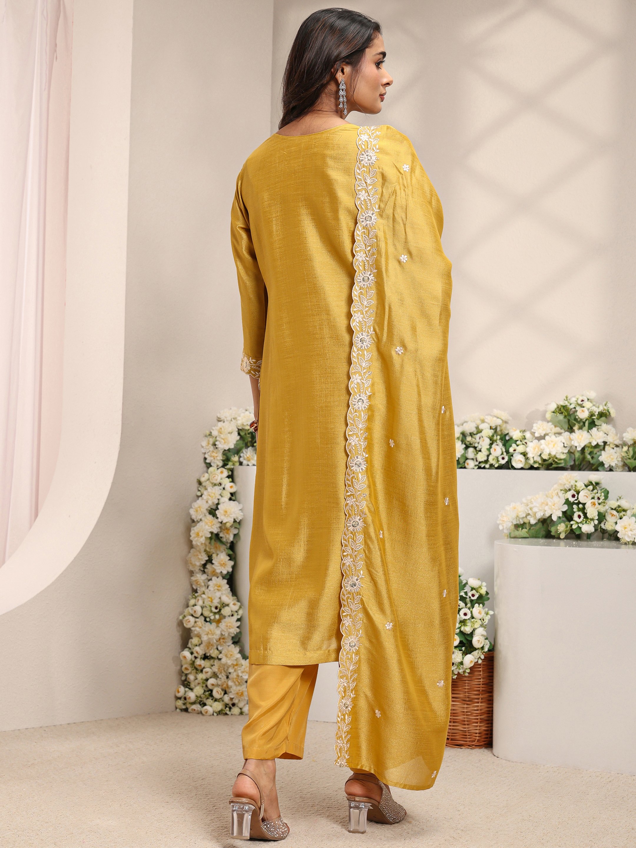 Mustard Embroidered Silk Blend Straight Kurta, Pants And Dupatta Set