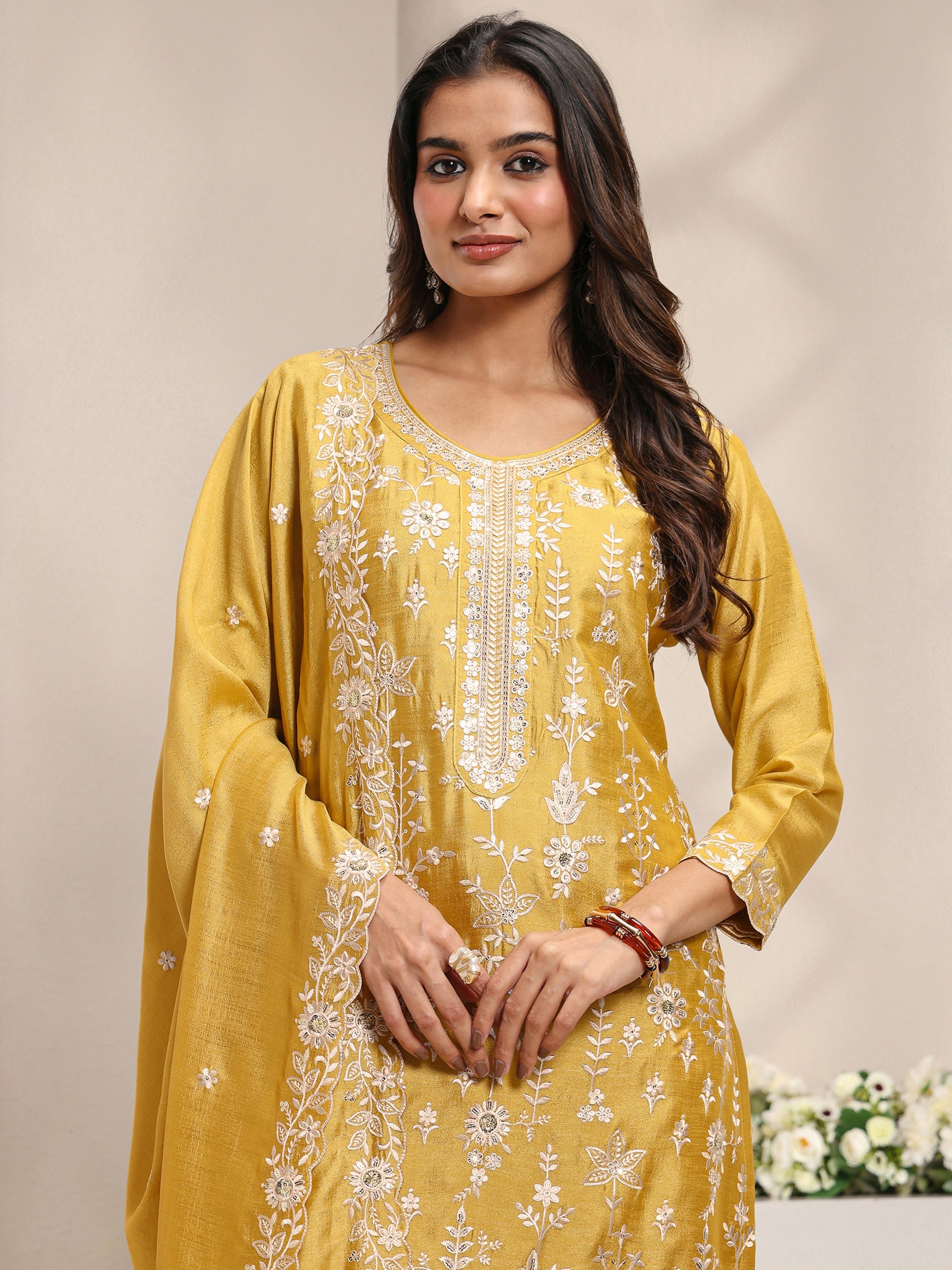 Mustard Embroidered Silk Blend Straight Kurta, Pants And Dupatta Set