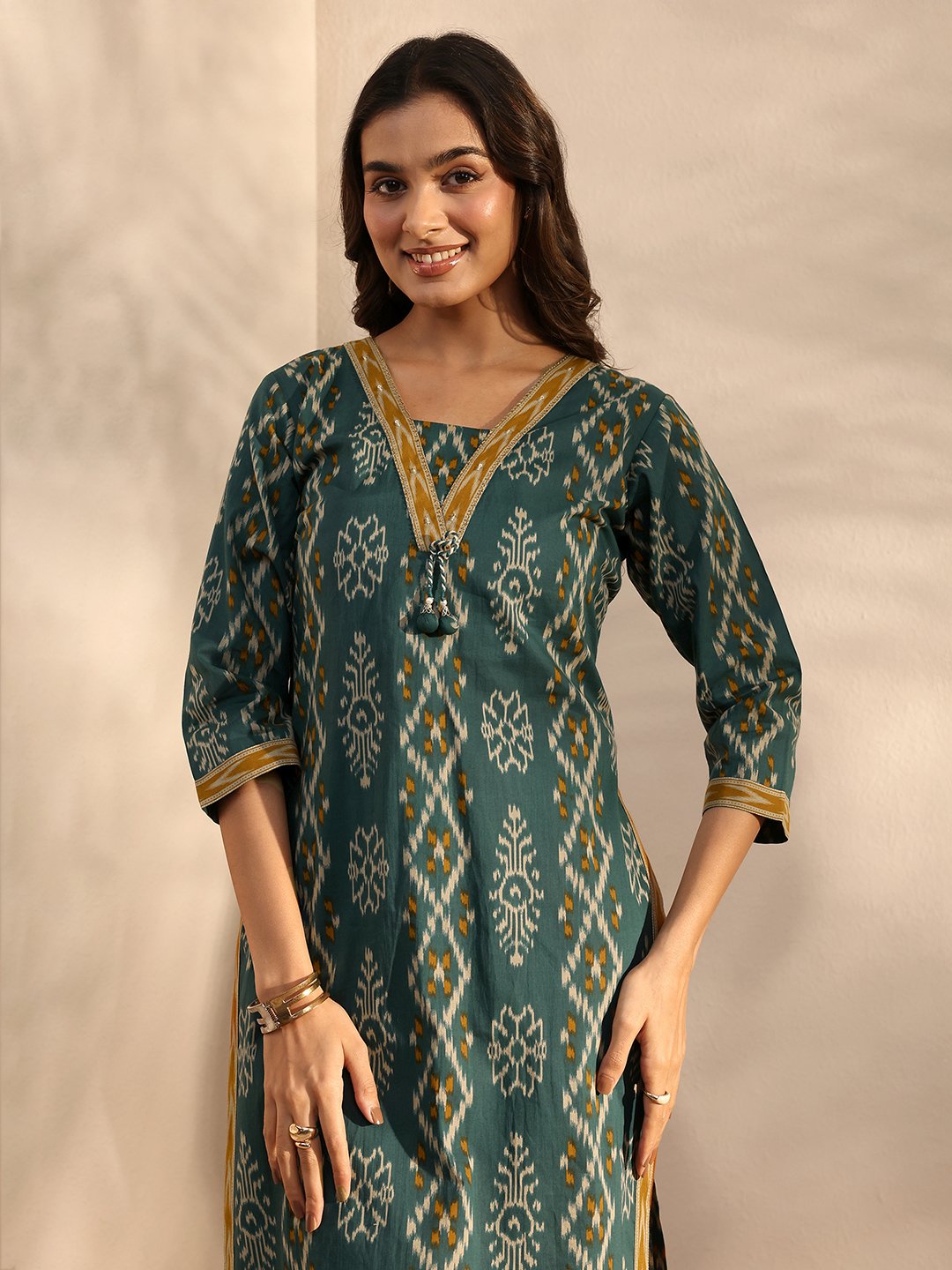 Green Printed Cotton Straight Kurta, Pants And Dupatta Set