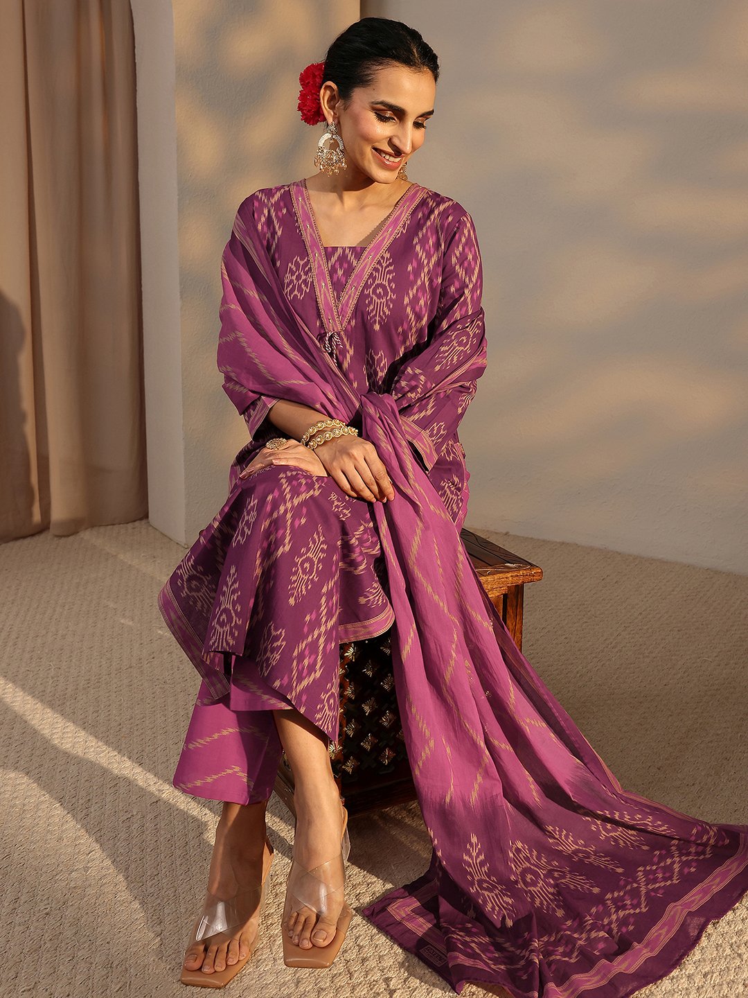 Purple Printed Cotton Straight Kurta, Pants And Dupatta Set