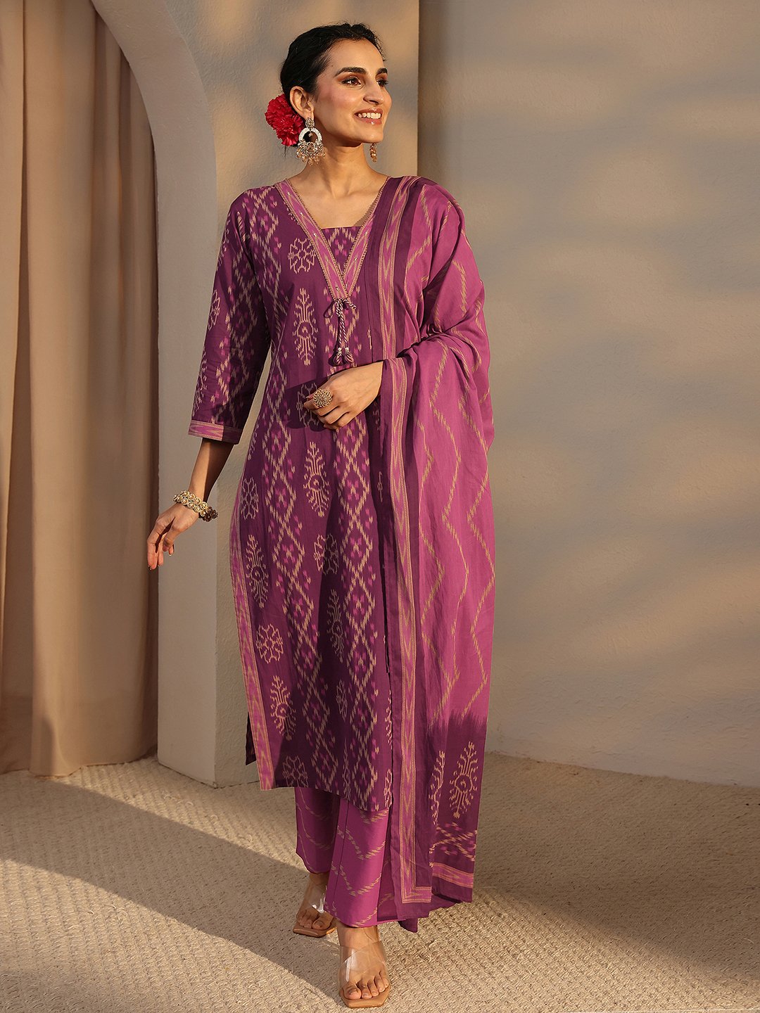 Purple Printed Cotton Straight Kurta, Pants And Dupatta Set
