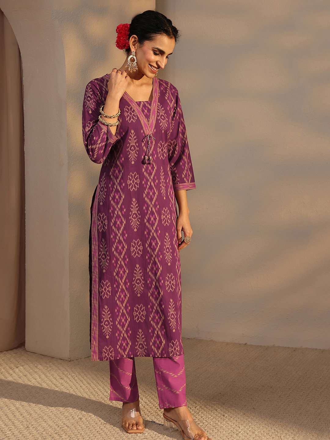 Purple Printed Cotton Straight Kurta, Pants And Dupatta Set
