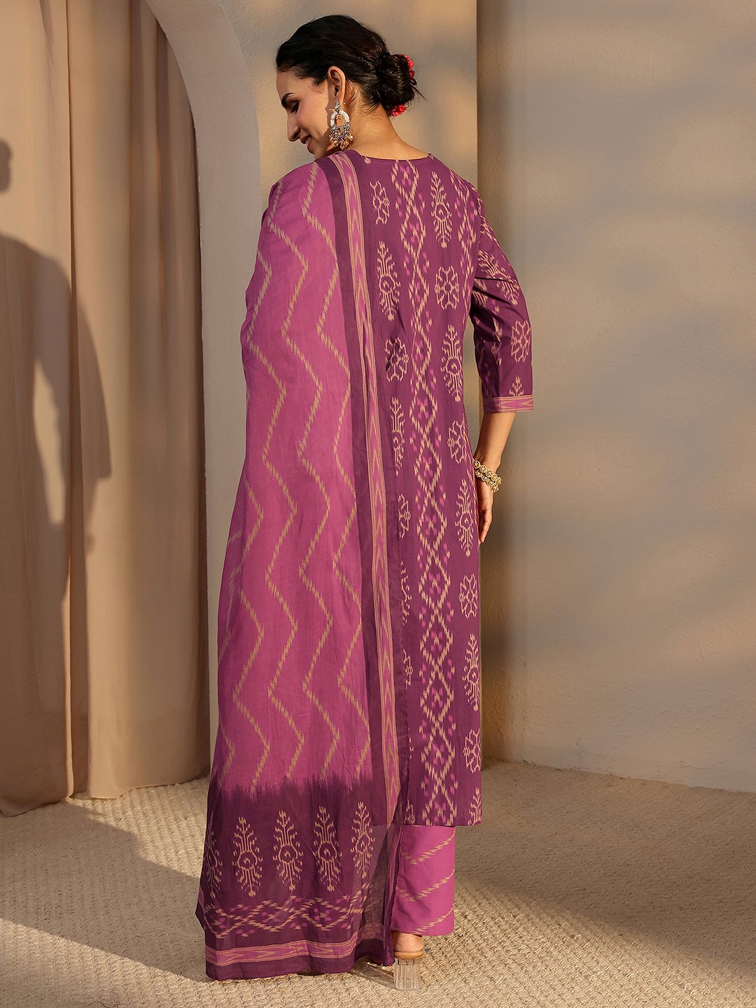 Purple Printed Cotton Straight Kurta, Pants And Dupatta Set