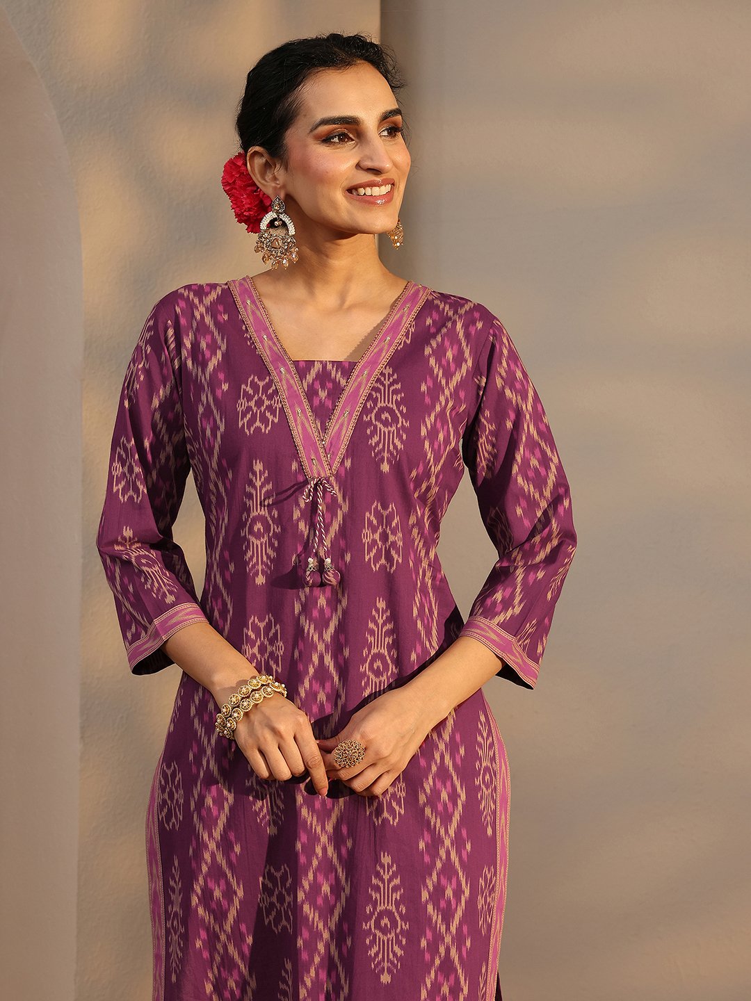 Purple Printed Cotton Straight Kurta, Pants And Dupatta Set