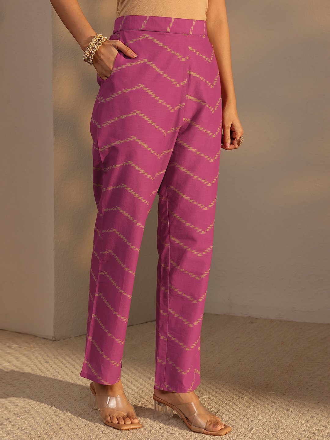 Purple Printed Cotton Straight Kurta, Pants And Dupatta Set