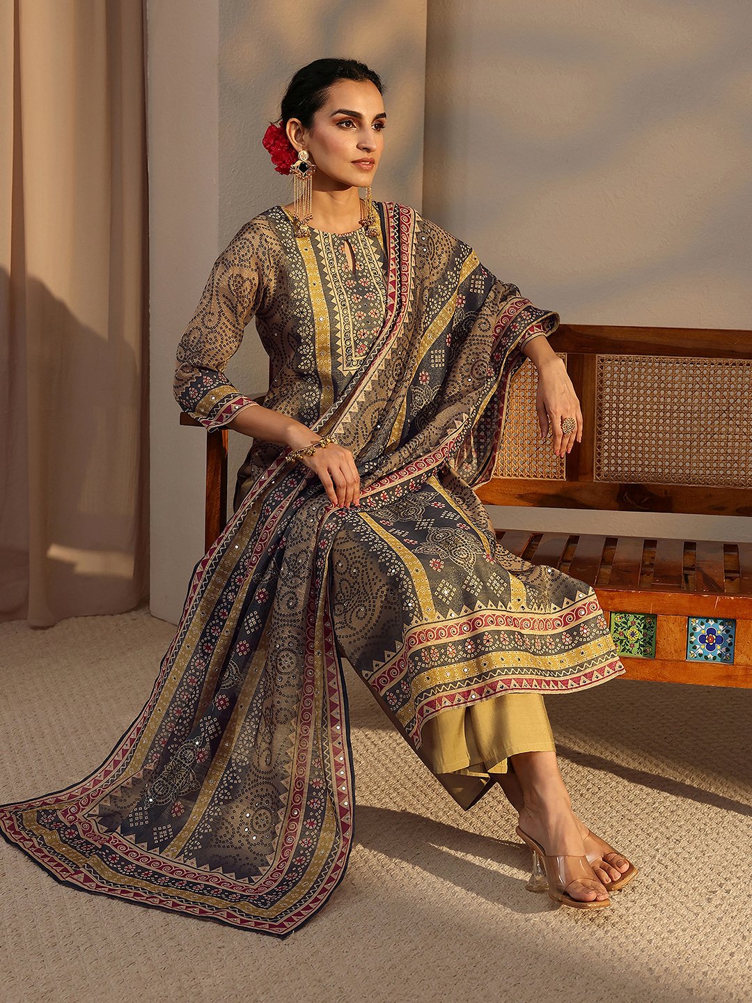 Beige Printed Silk Blend Straight Kurta, Pants And Dupatta Set