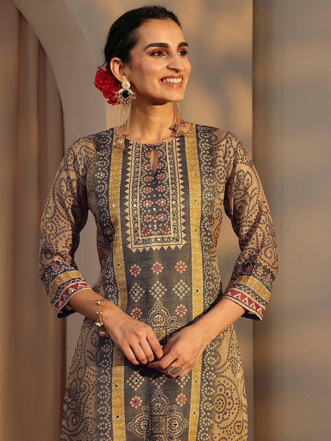 Beige Printed Silk Blend Straight Kurta, Pants And Dupatta Set