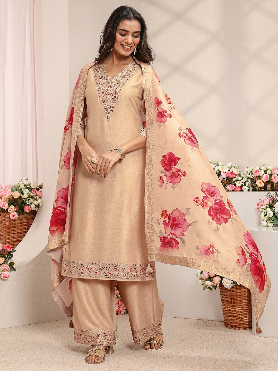 Beige Embroidered Silk Blend Straight Kurta, Palazzo And Dupatta Set