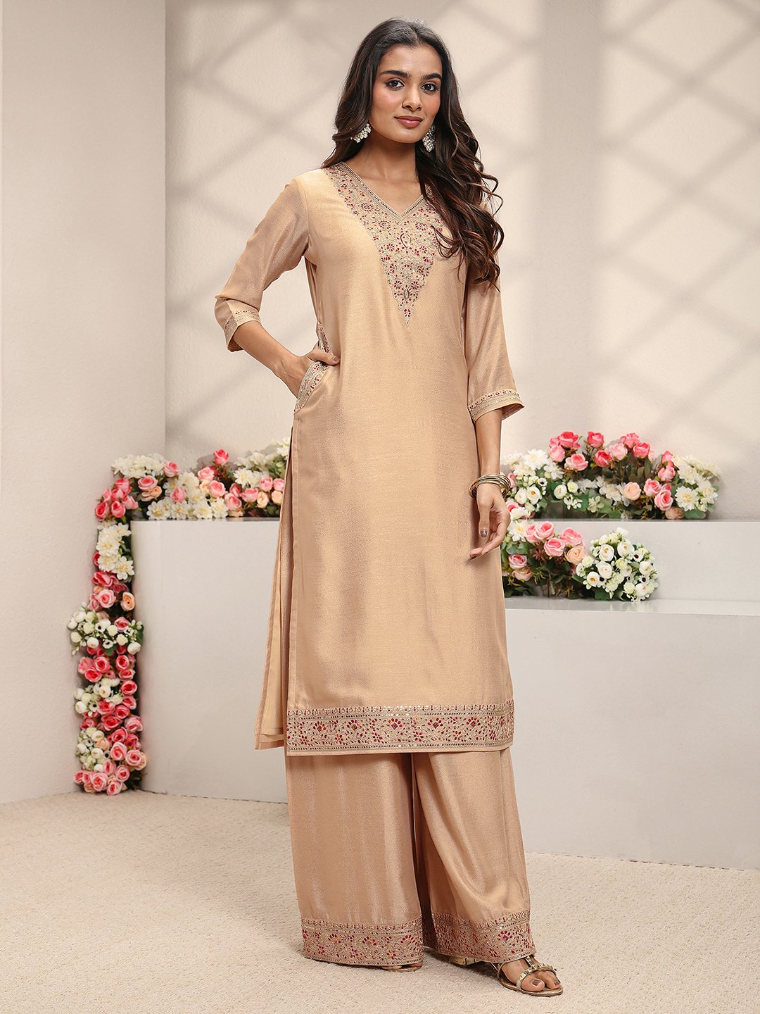 Beige Embroidered Silk Blend Straight Kurta, Palazzo And Dupatta Set