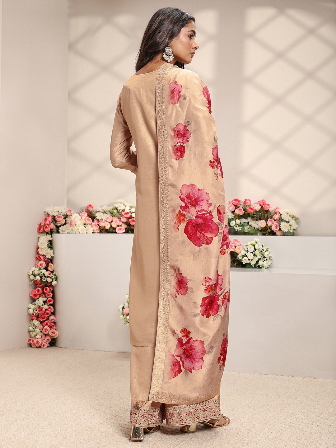 Beige Embroidered Silk Blend Straight Kurta, Palazzo And Dupatta Set