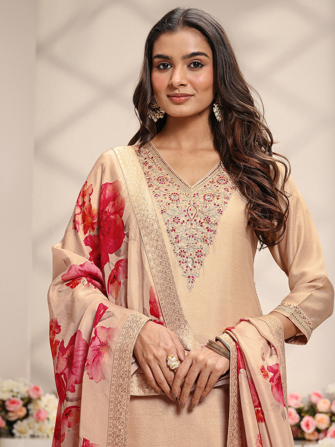 Beige Embroidered Silk Blend Straight Kurta, Palazzo And Dupatta Set