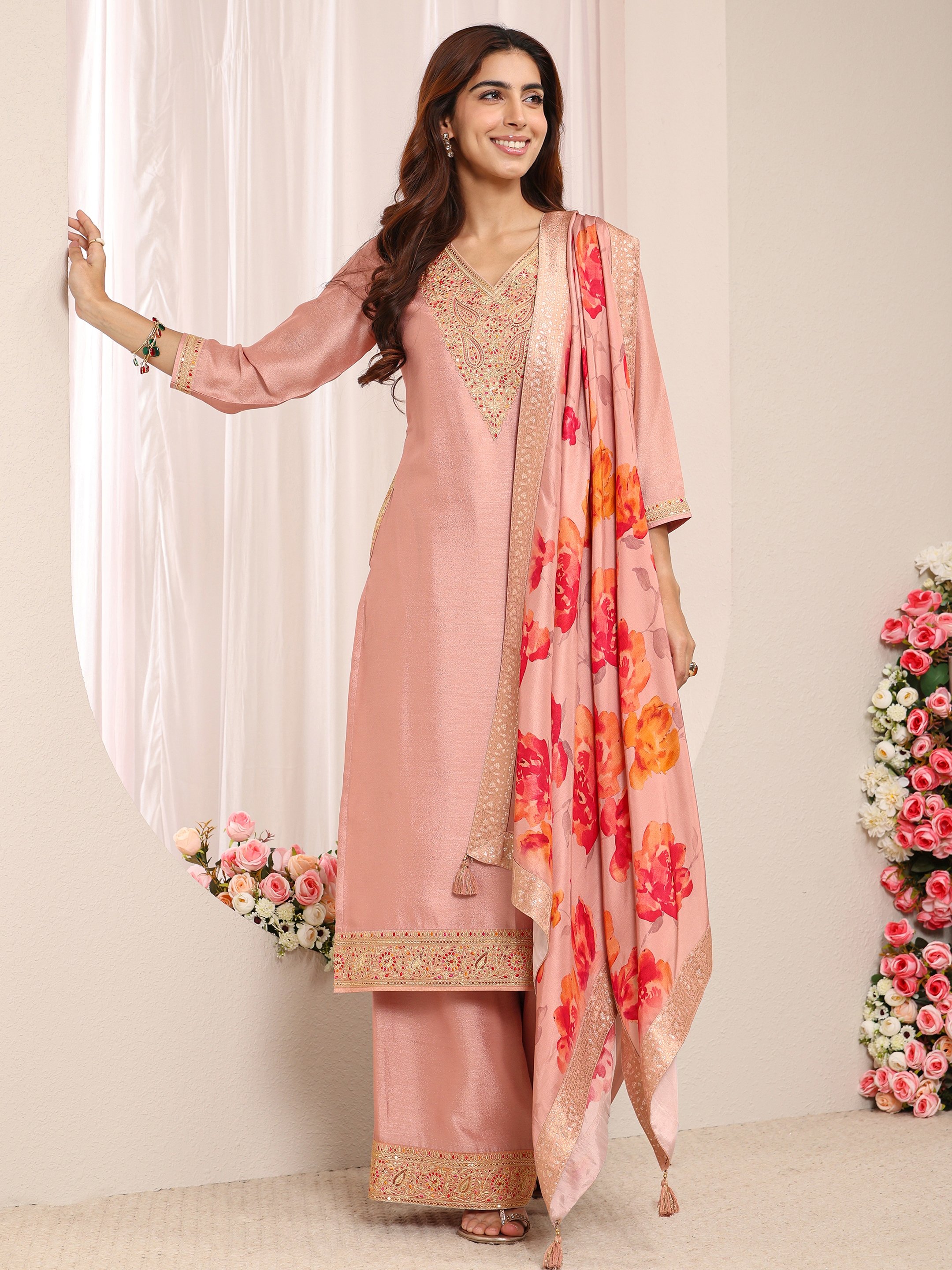 Peach Embroidered Silk Blend Straight Kurta, Palazzo And Dupatta Set