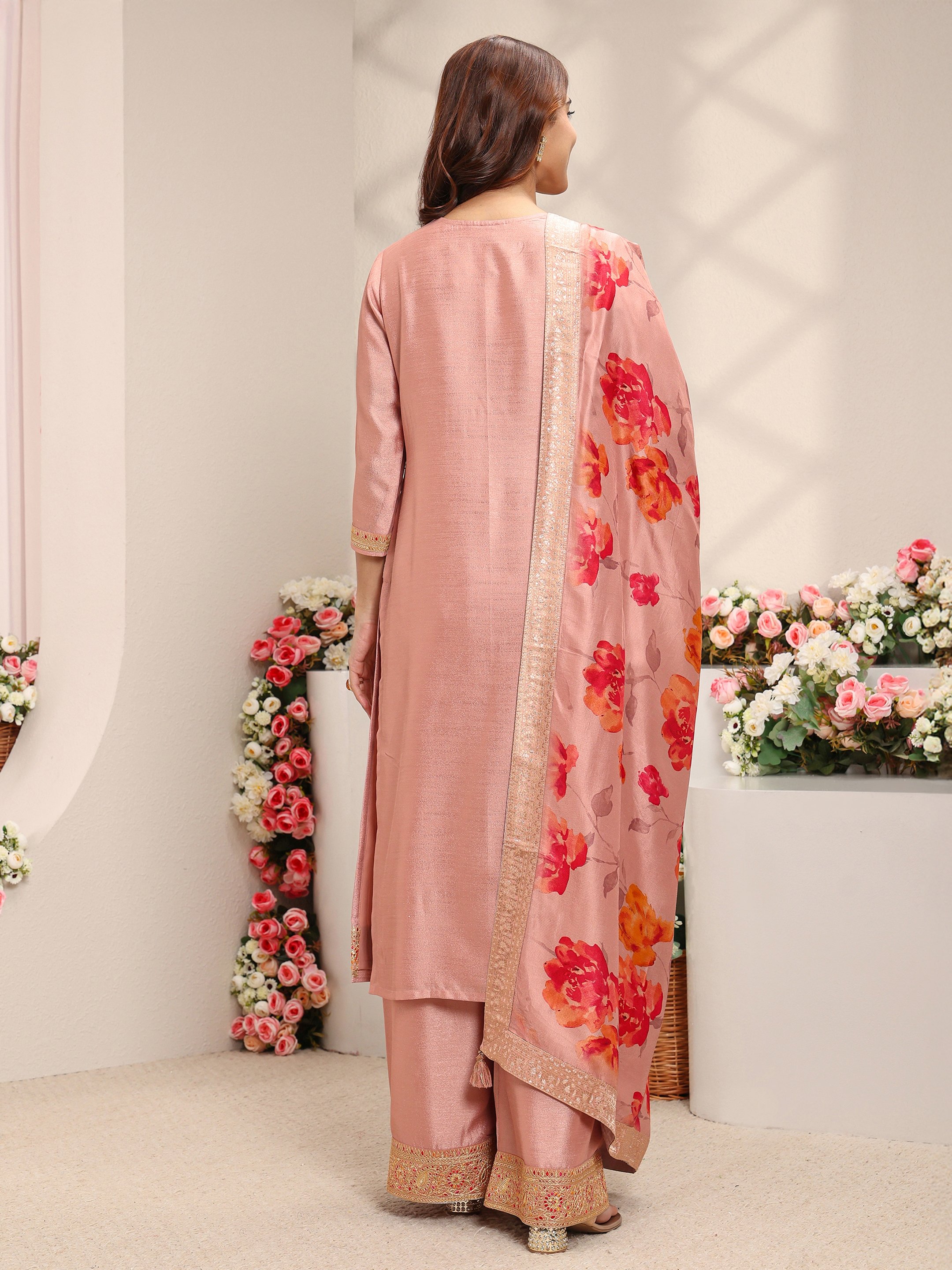 Peach Embroidered Silk Blend Straight Kurta, Palazzo And Dupatta Set