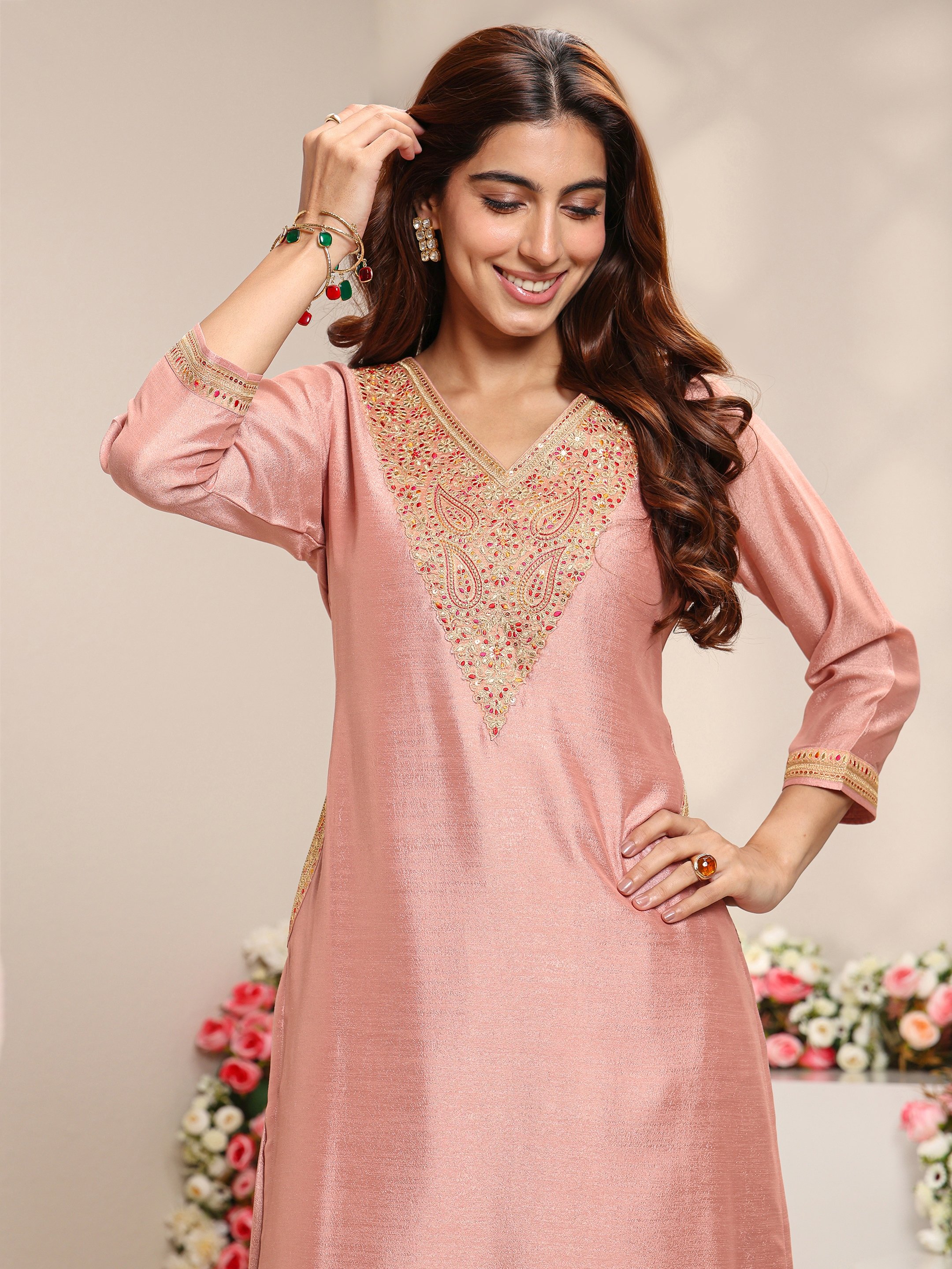 Peach Embroidered Silk Blend Straight Kurta, Palazzo And Dupatta Set