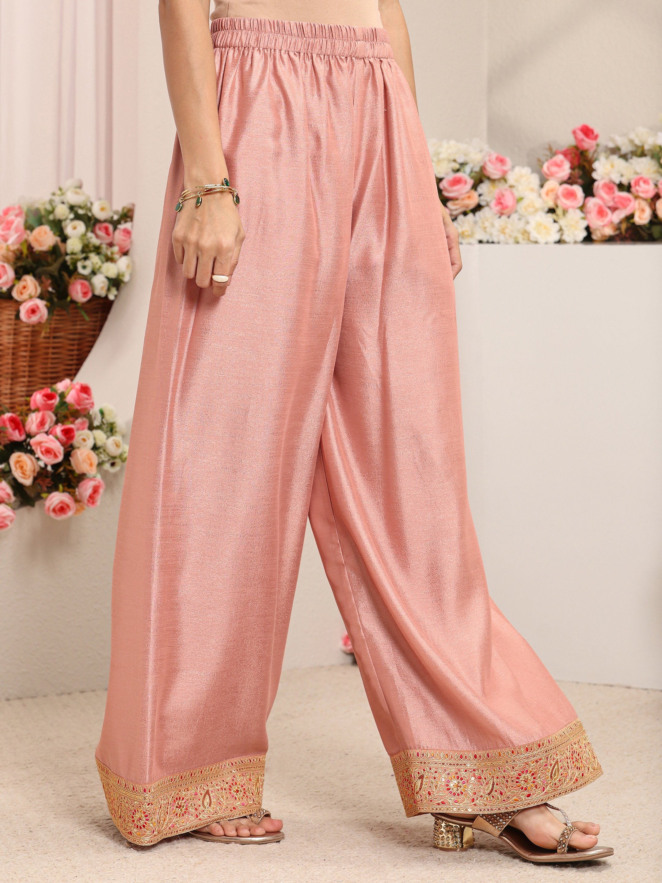 Peach Embroidered Silk Blend Straight Kurta, Palazzo And Dupatta Set