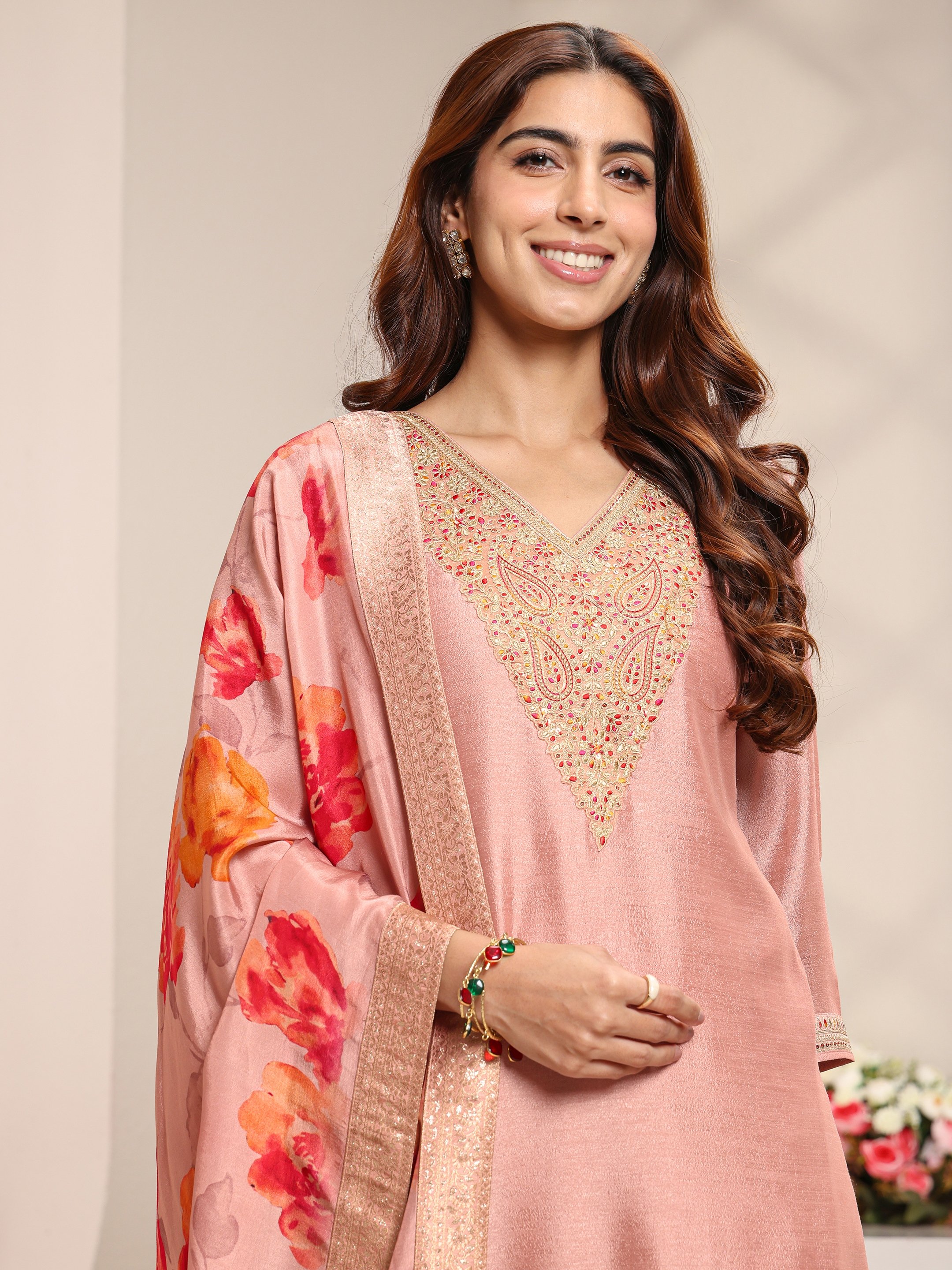 Peach Embroidered Silk Blend Straight Kurta, Palazzo And Dupatta Set
