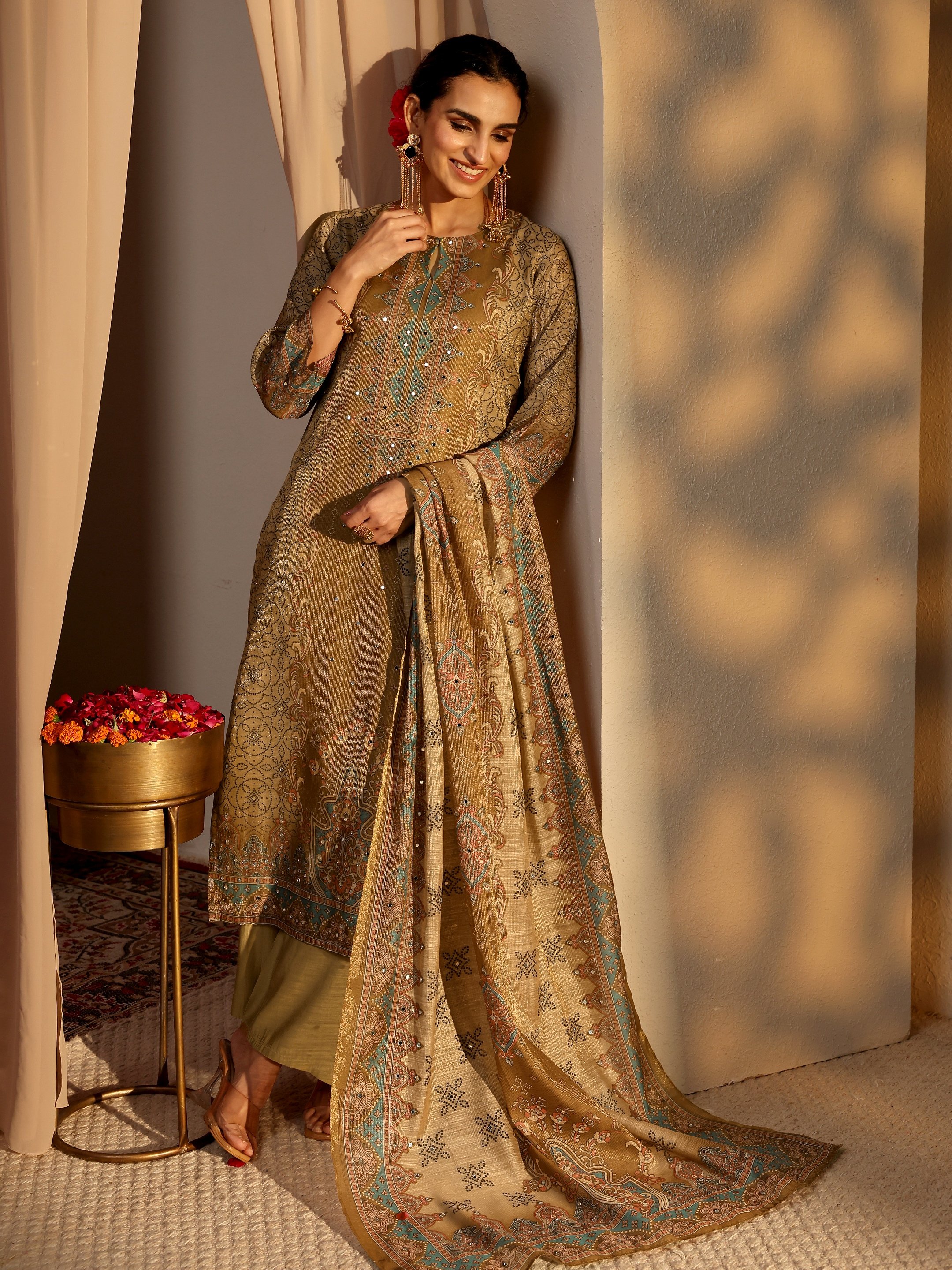 Beige Printed Silk Blend Straight Kurta, Pants And Dupatta Set