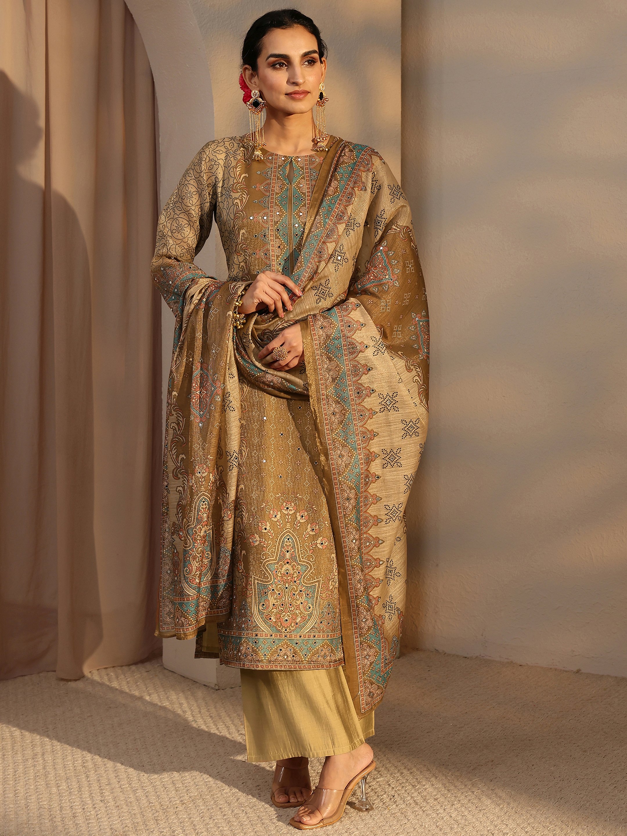 Beige Printed Silk Blend Straight Kurta, Pants And Dupatta Set