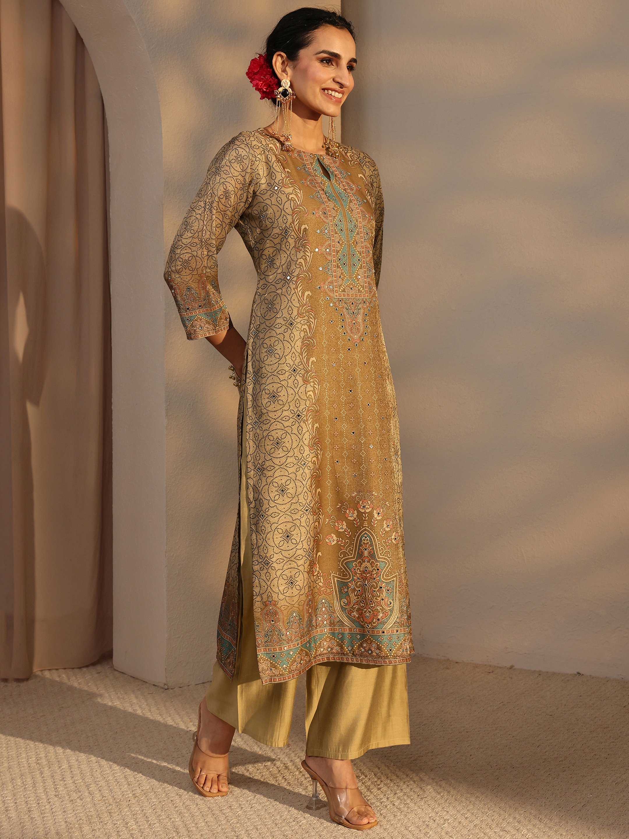 Beige Printed Silk Blend Straight Kurta, Pants And Dupatta Set