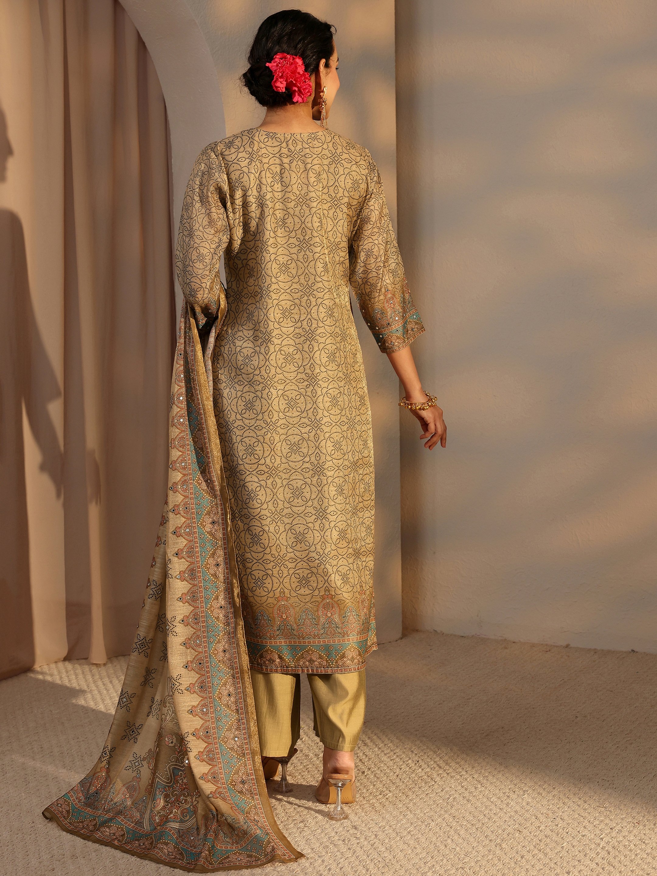 Beige Printed Silk Blend Straight Kurta, Pants And Dupatta Set