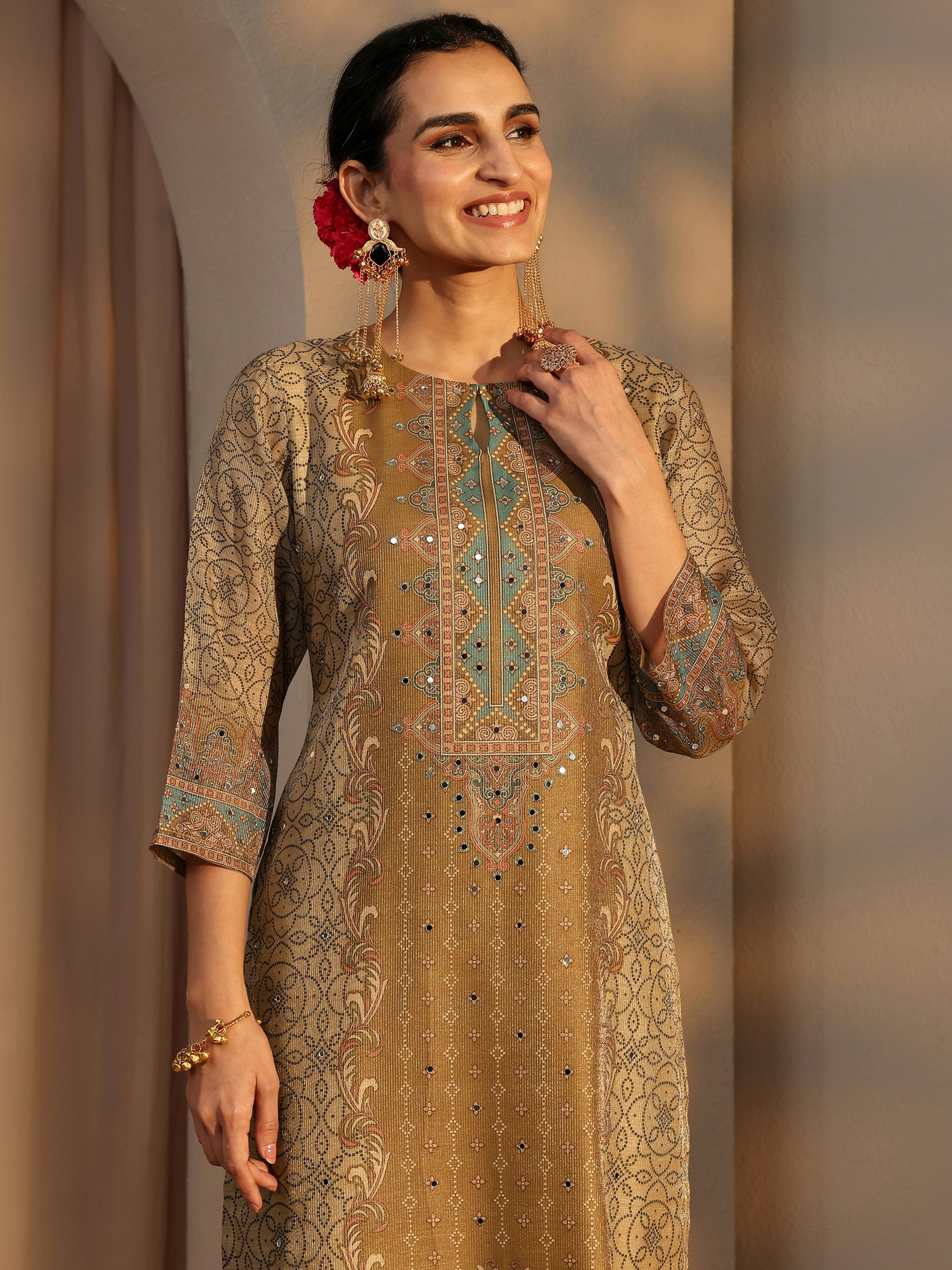 Beige Printed Silk Blend Straight Kurta, Pants And Dupatta Set