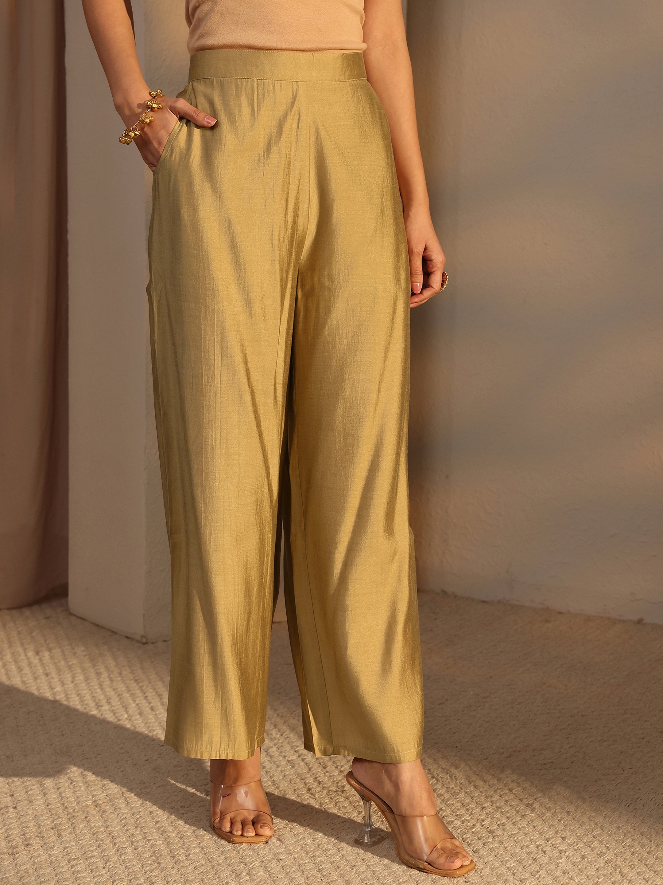 Beige Printed Silk Blend Straight Kurta, Pants And Dupatta Set