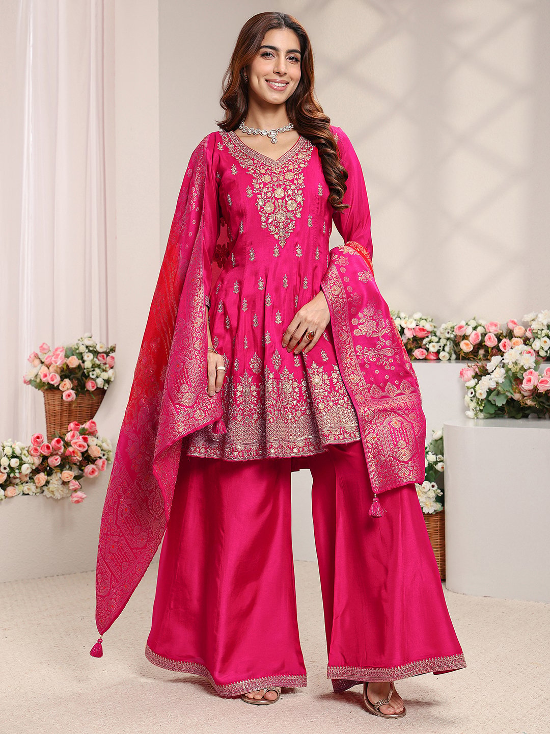 Pink Embroidered Silk Blend A-Line Kurta, Palazzo And Dupatta Set