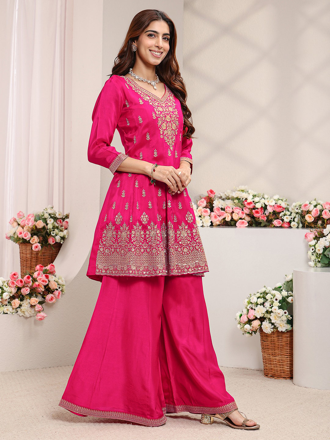 Pink Embroidered Silk Blend A-Line Kurta, Palazzo And Dupatta Set