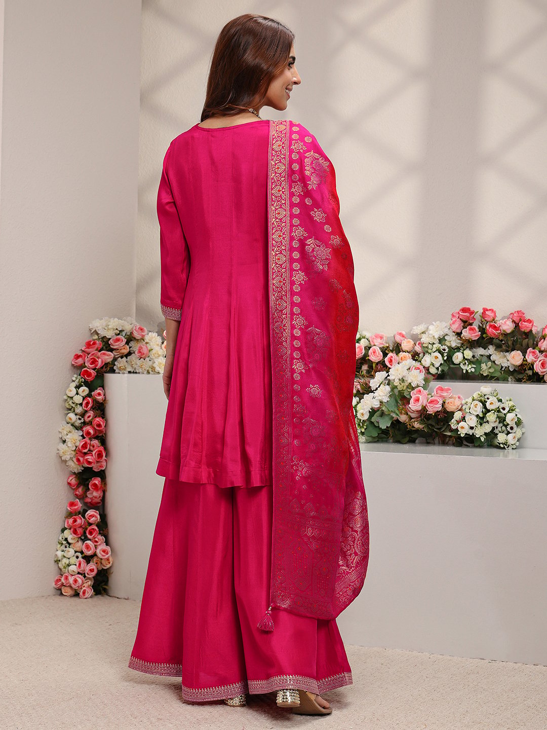 Pink Embroidered Silk Blend A-Line Kurta, Palazzo And Dupatta Set