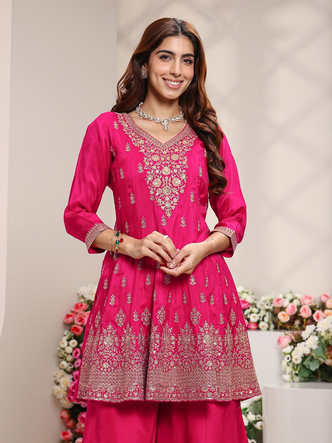 Pink Embroidered Silk Blend A-Line Kurta, Palazzo And Dupatta Set