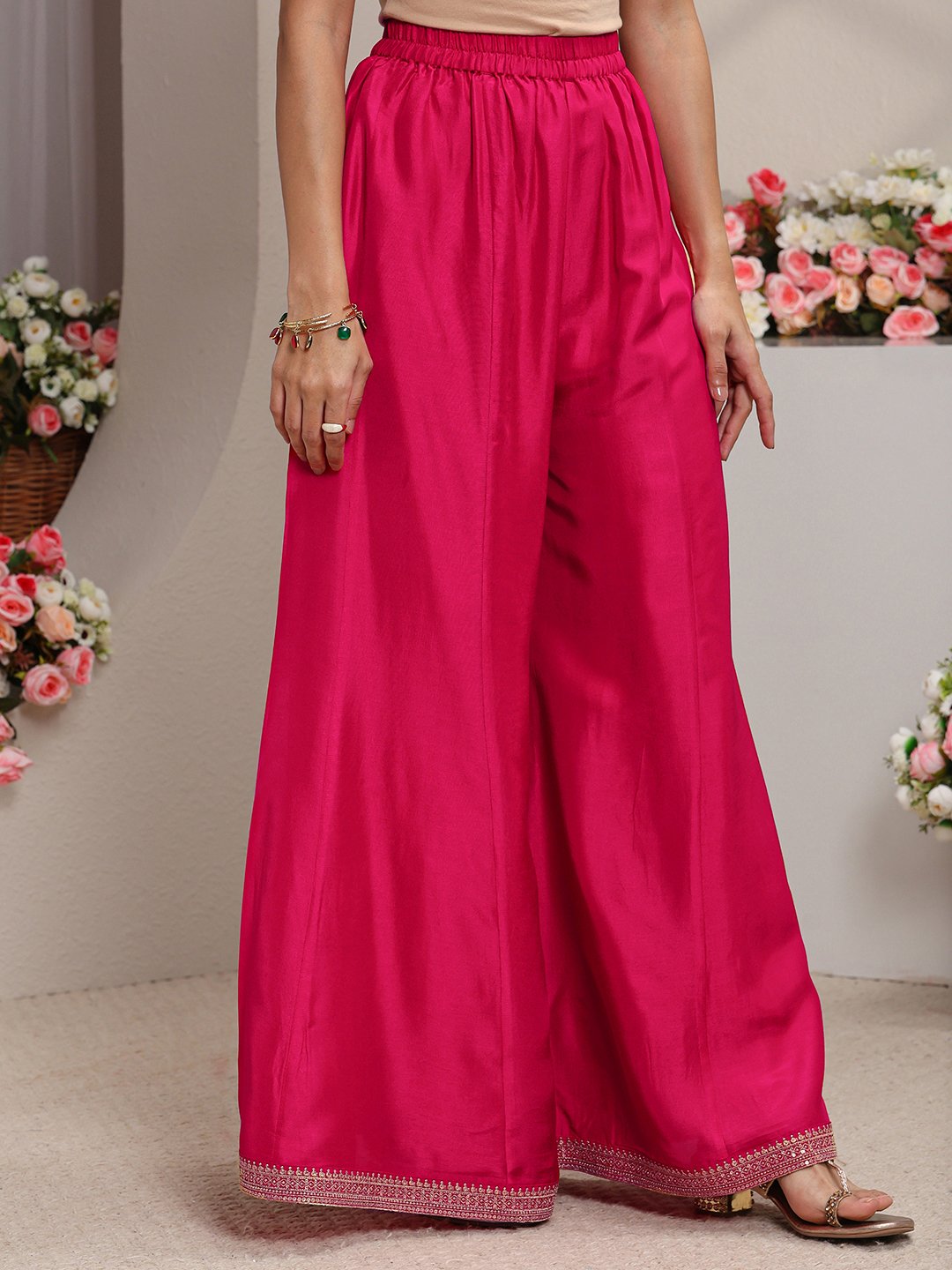 Pink Embroidered Silk Blend A-Line Kurta, Palazzo And Dupatta Set
