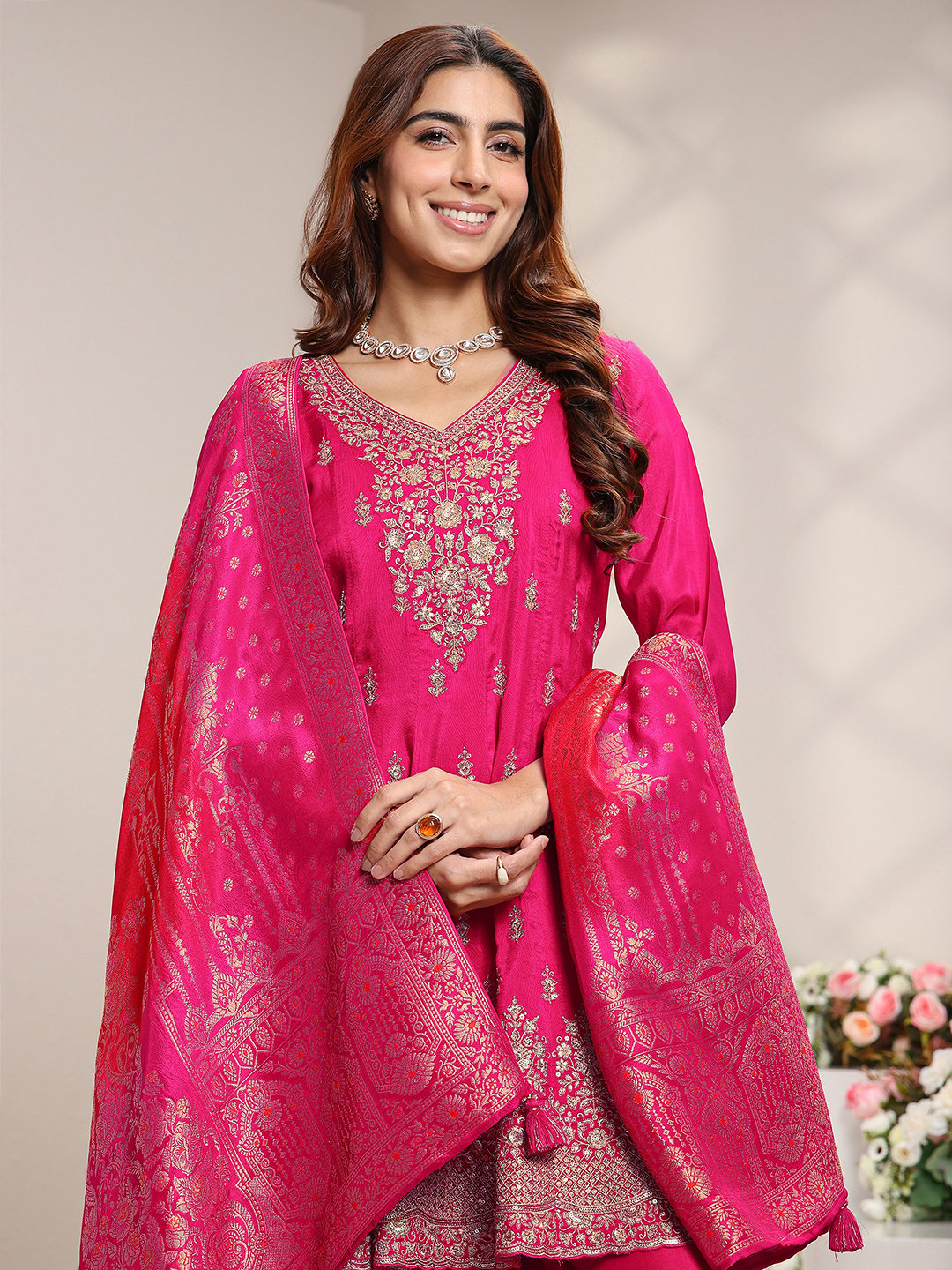 Pink Embroidered Silk Blend A-Line Kurta, Palazzo And Dupatta Set