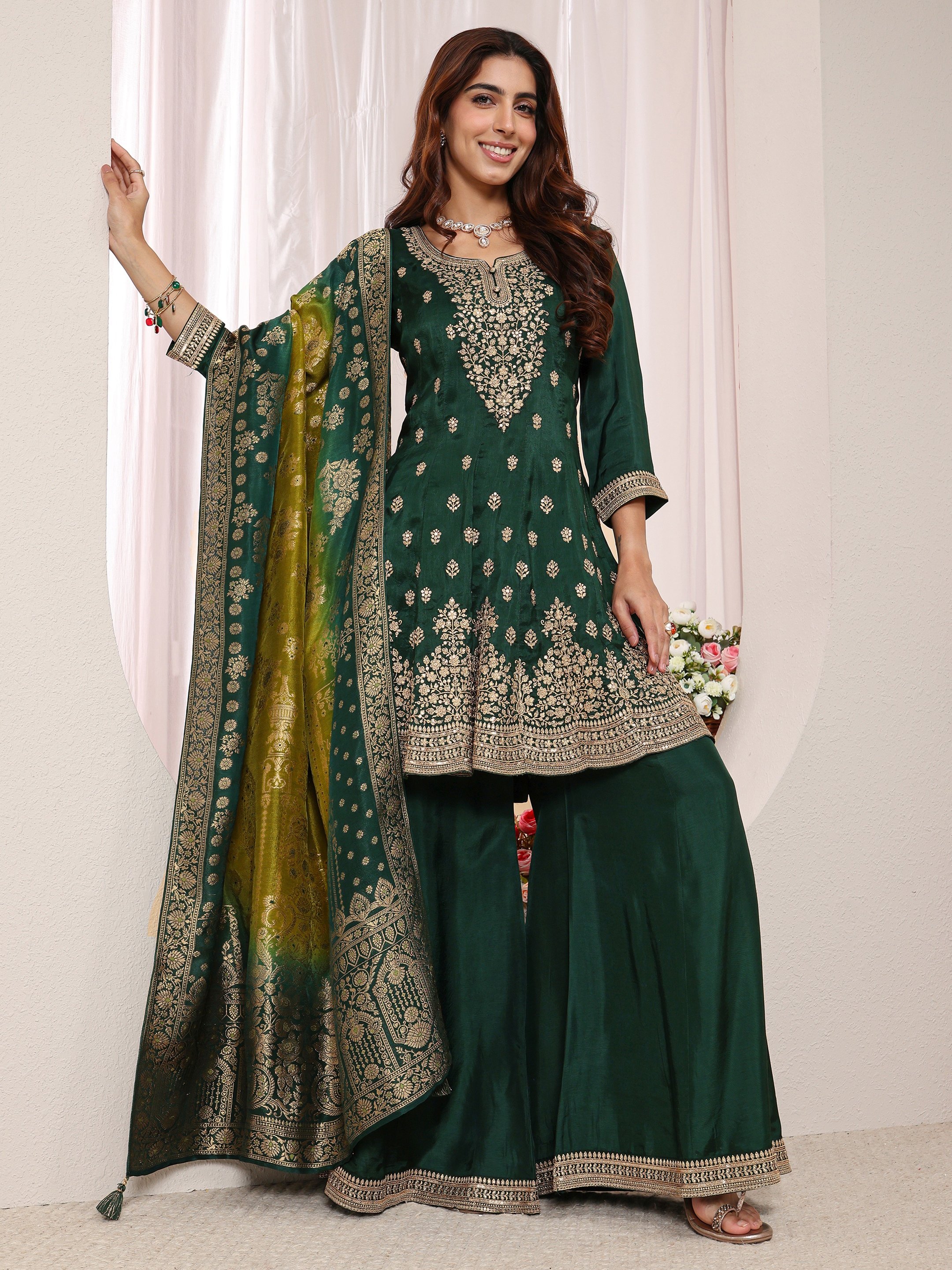 Green Embroidered Silk Blend A-Line Kurta, Palazzo And Dupatta Set