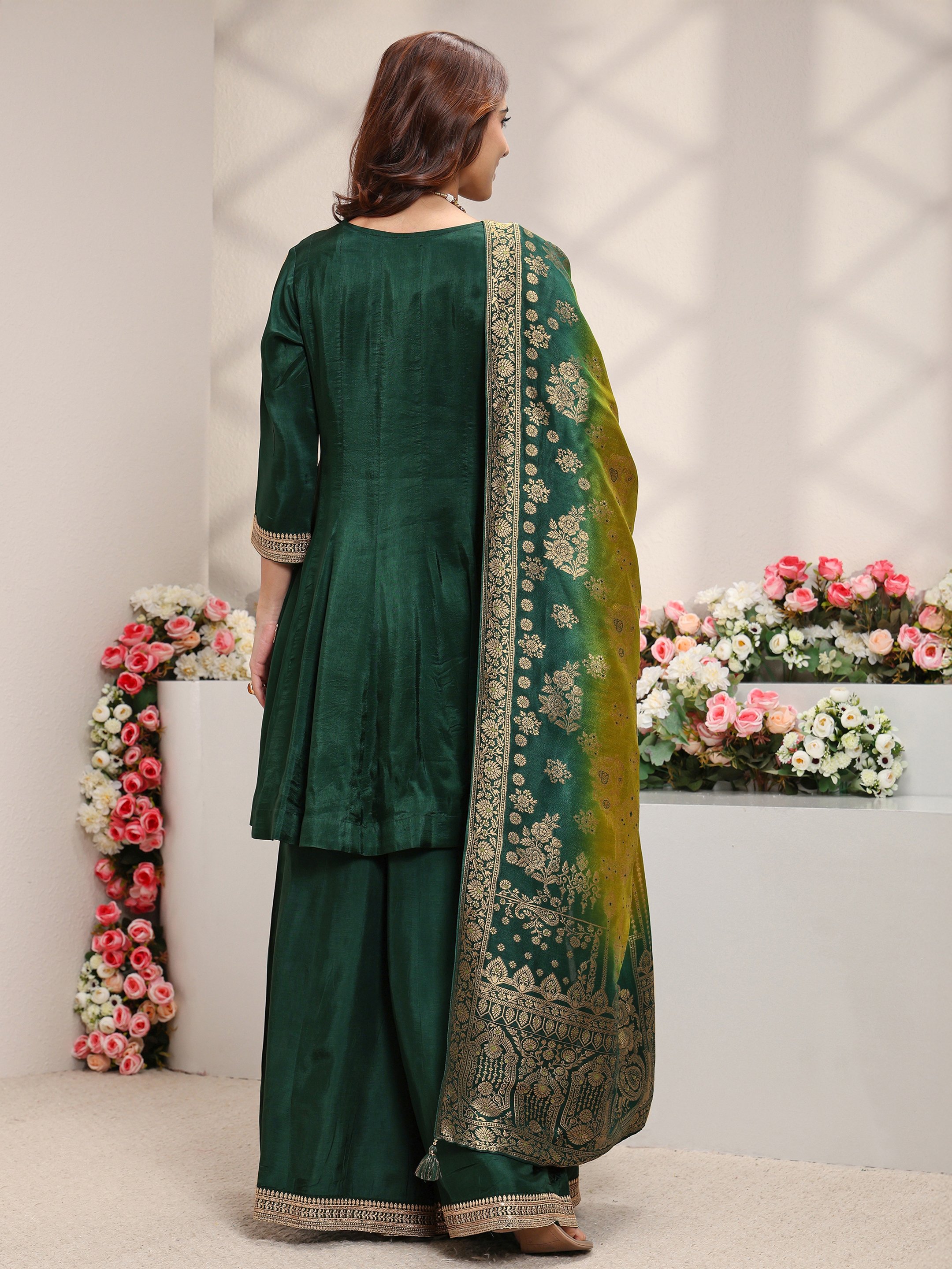Green Embroidered Silk Blend A-Line Kurta, Palazzo And Dupatta Set