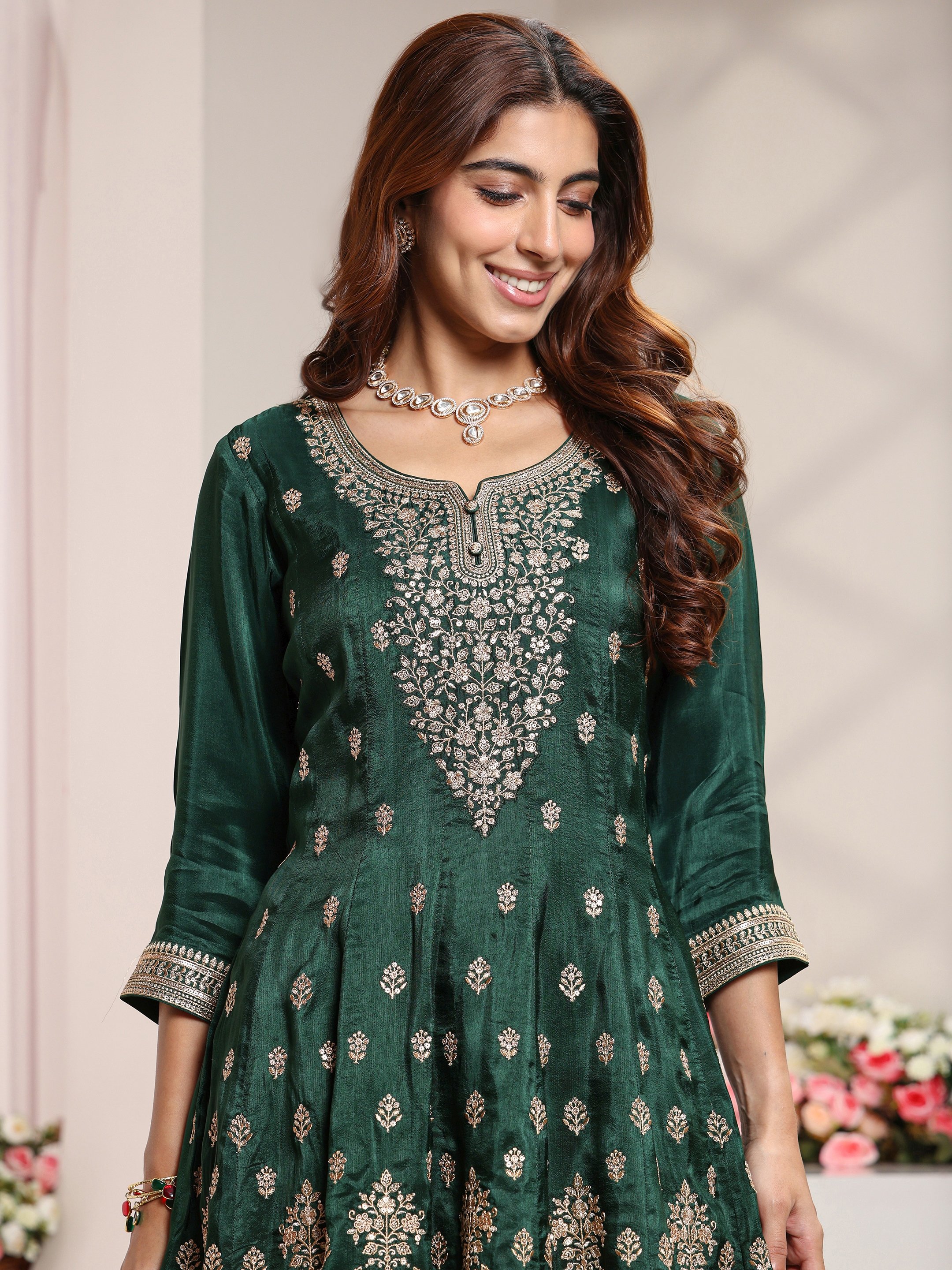 Green Embroidered Silk Blend A-Line Kurta, Palazzo And Dupatta Set