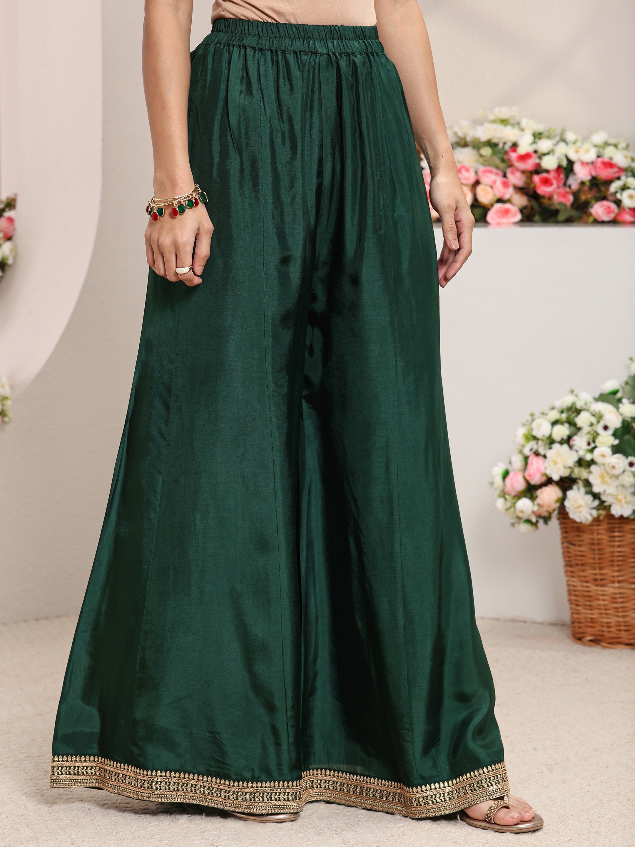 Green Embroidered Silk Blend A-Line Kurta, Palazzo And Dupatta Set
