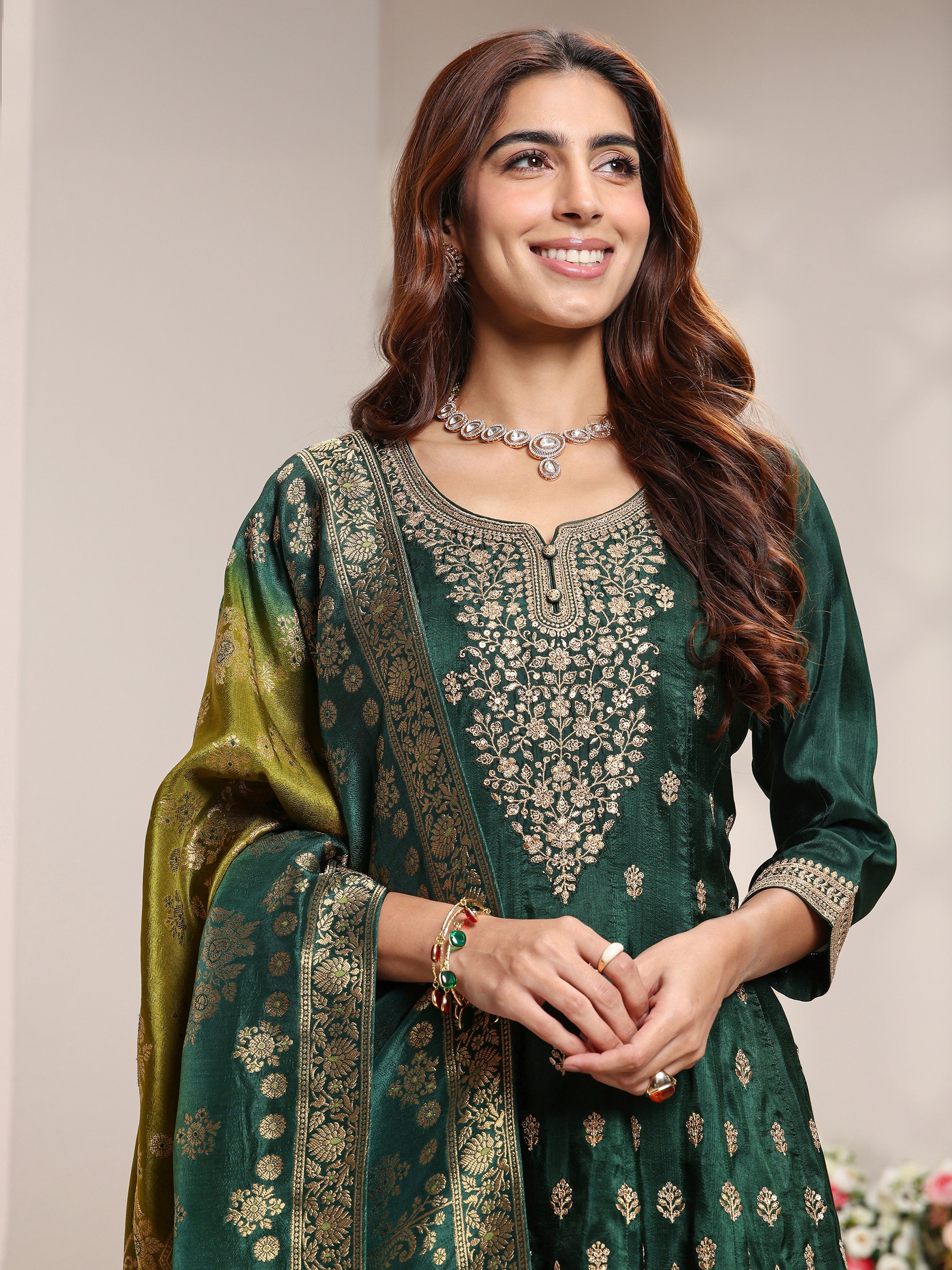 Green Embroidered Silk Blend A-Line Kurta, Palazzo And Dupatta Set