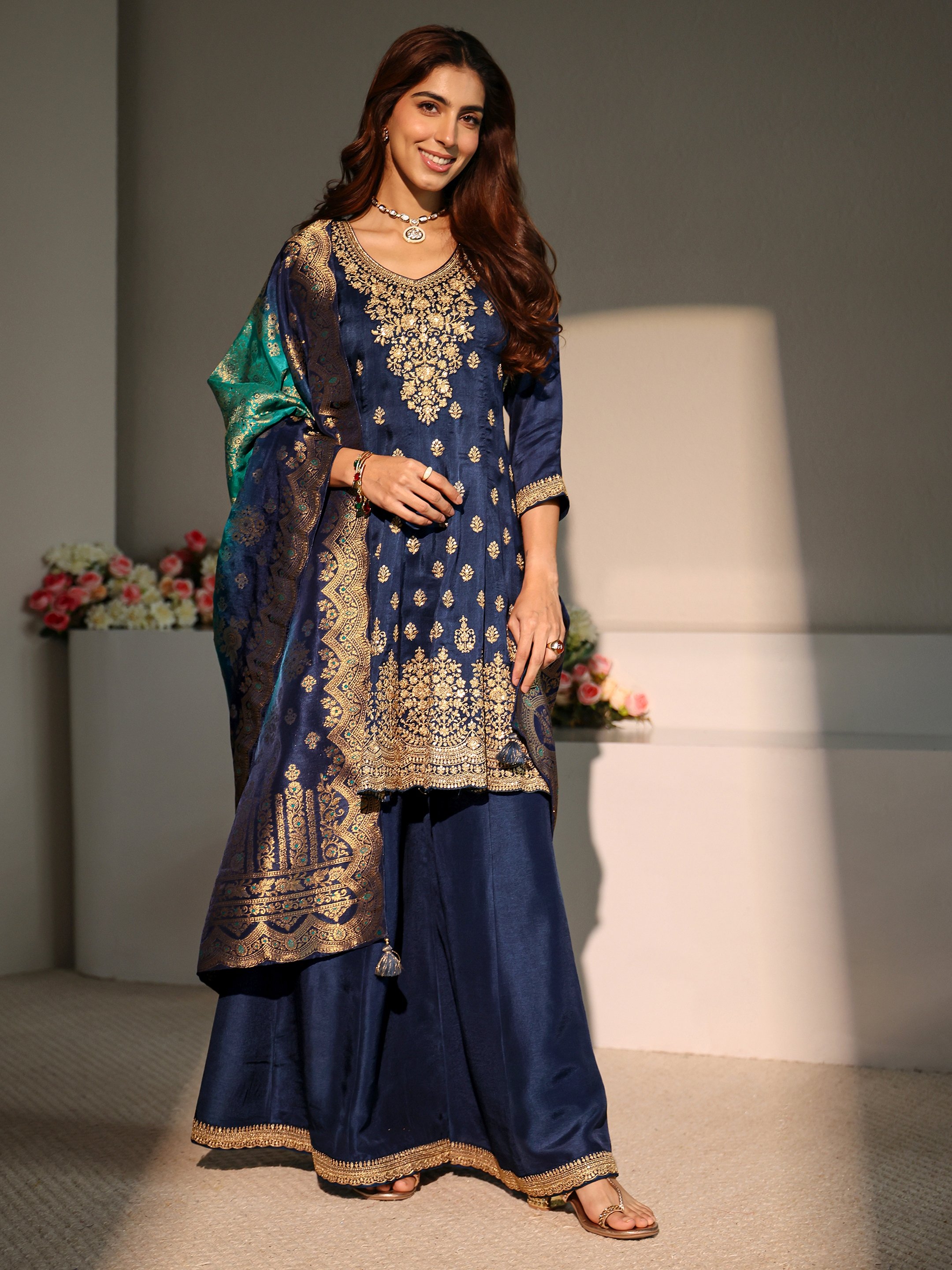 Blue Embroidered Silk Blend A-Line Kurta, Palazzo And Dupatta Set
