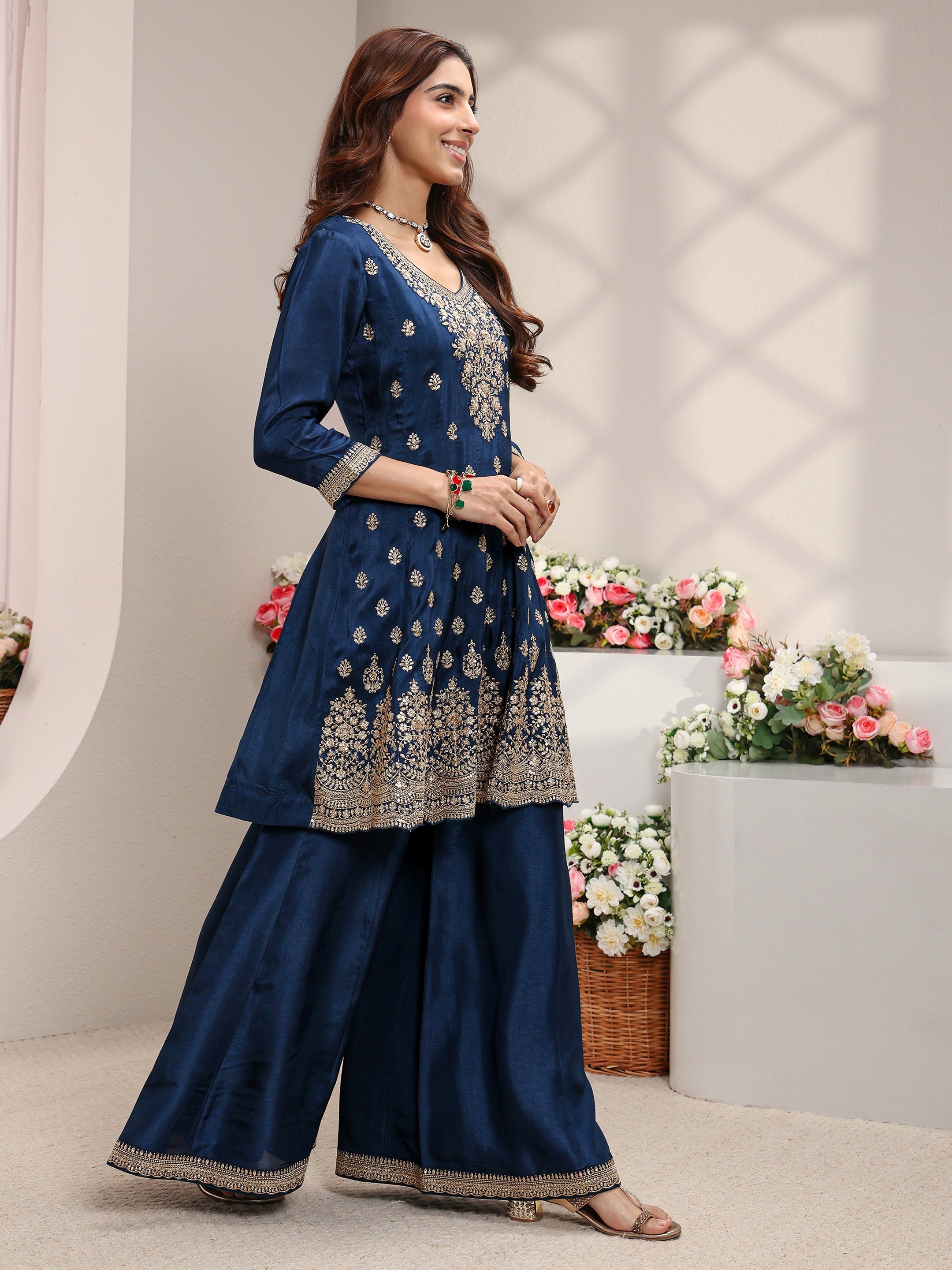 Blue Embroidered Silk Blend A-Line Kurta, Palazzo And Dupatta Set