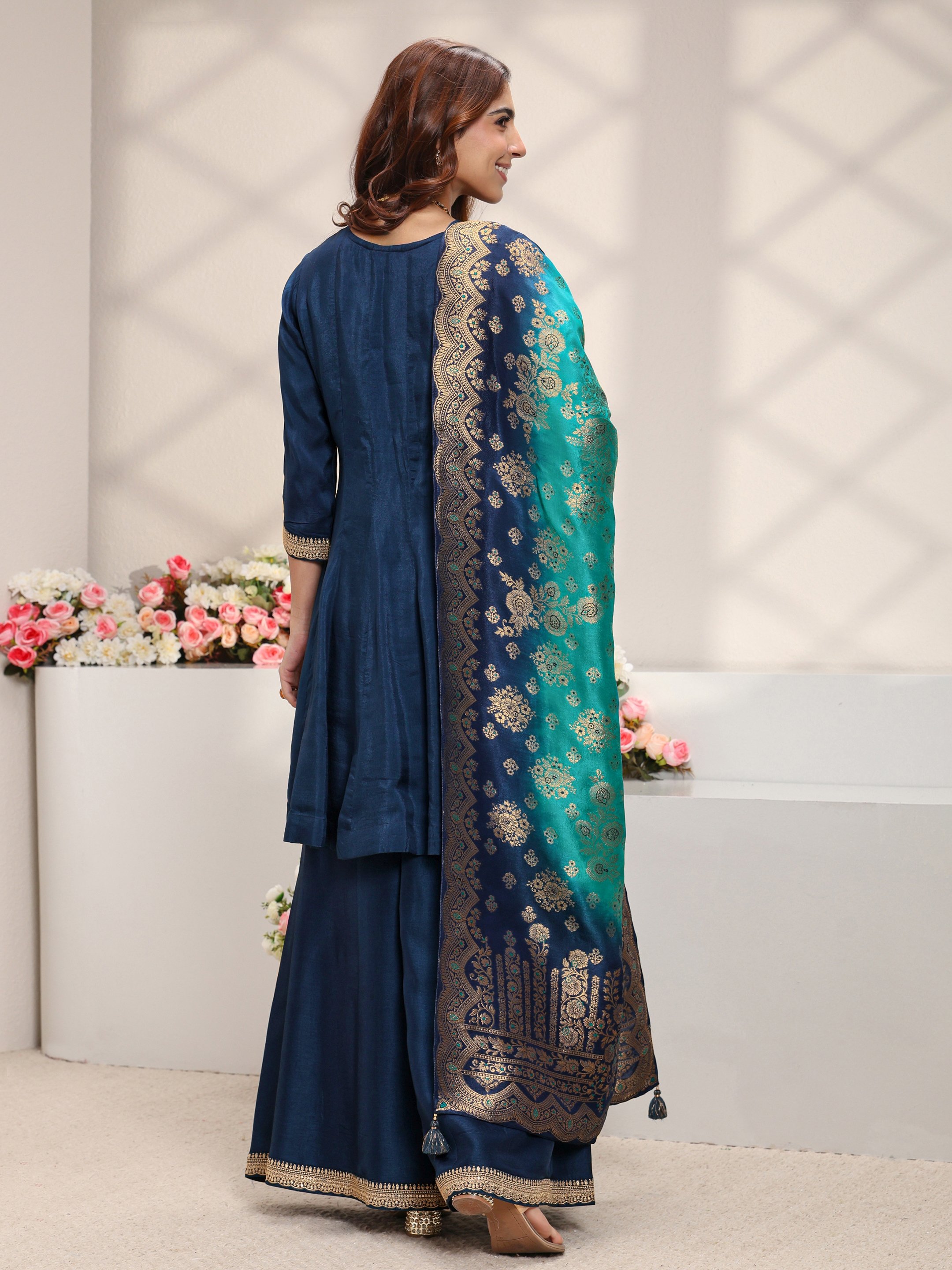 Blue Embroidered Silk Blend A-Line Kurta, Palazzo And Dupatta Set