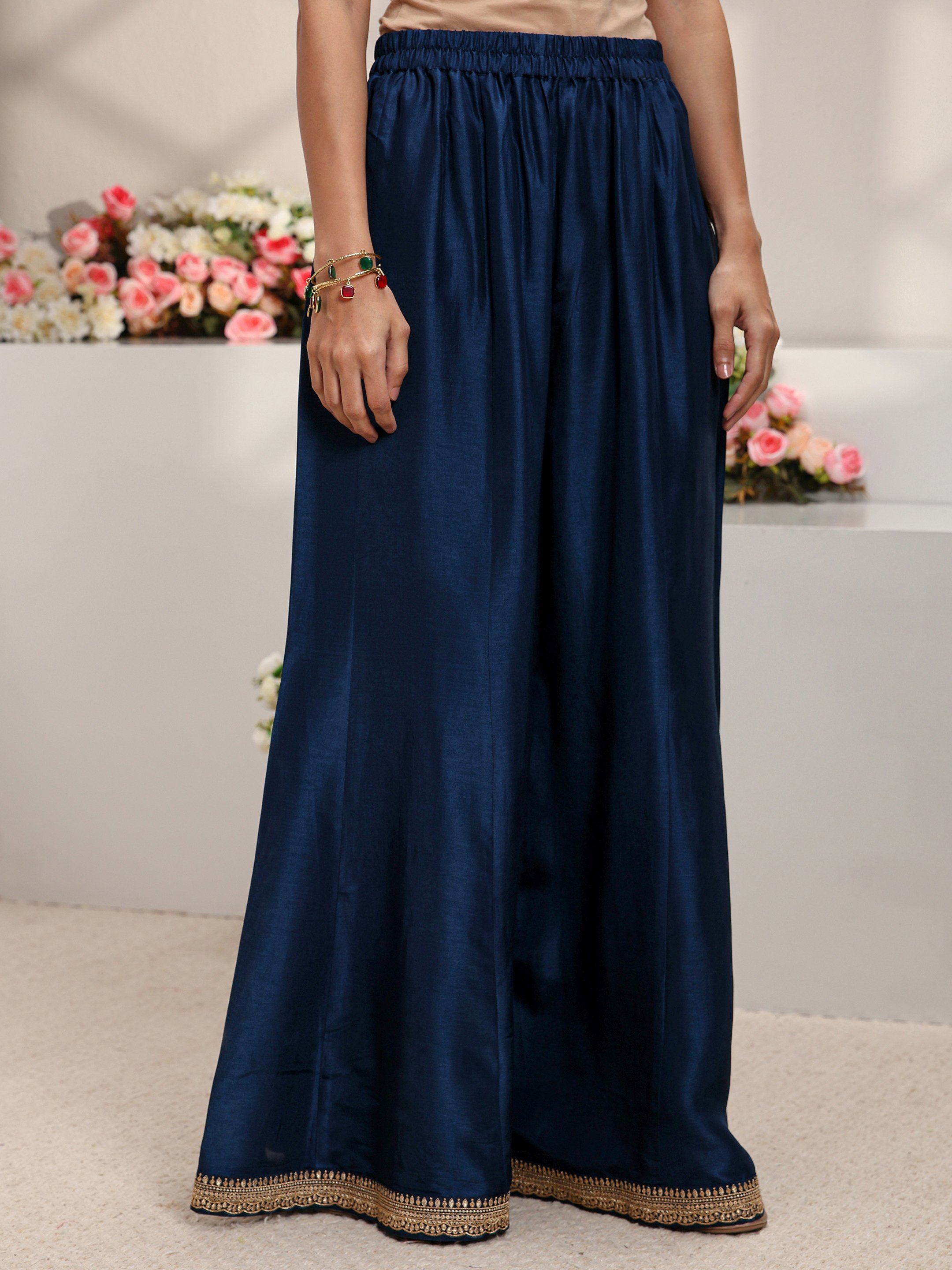 Blue Embroidered Silk Blend A-Line Kurta, Palazzo And Dupatta Set