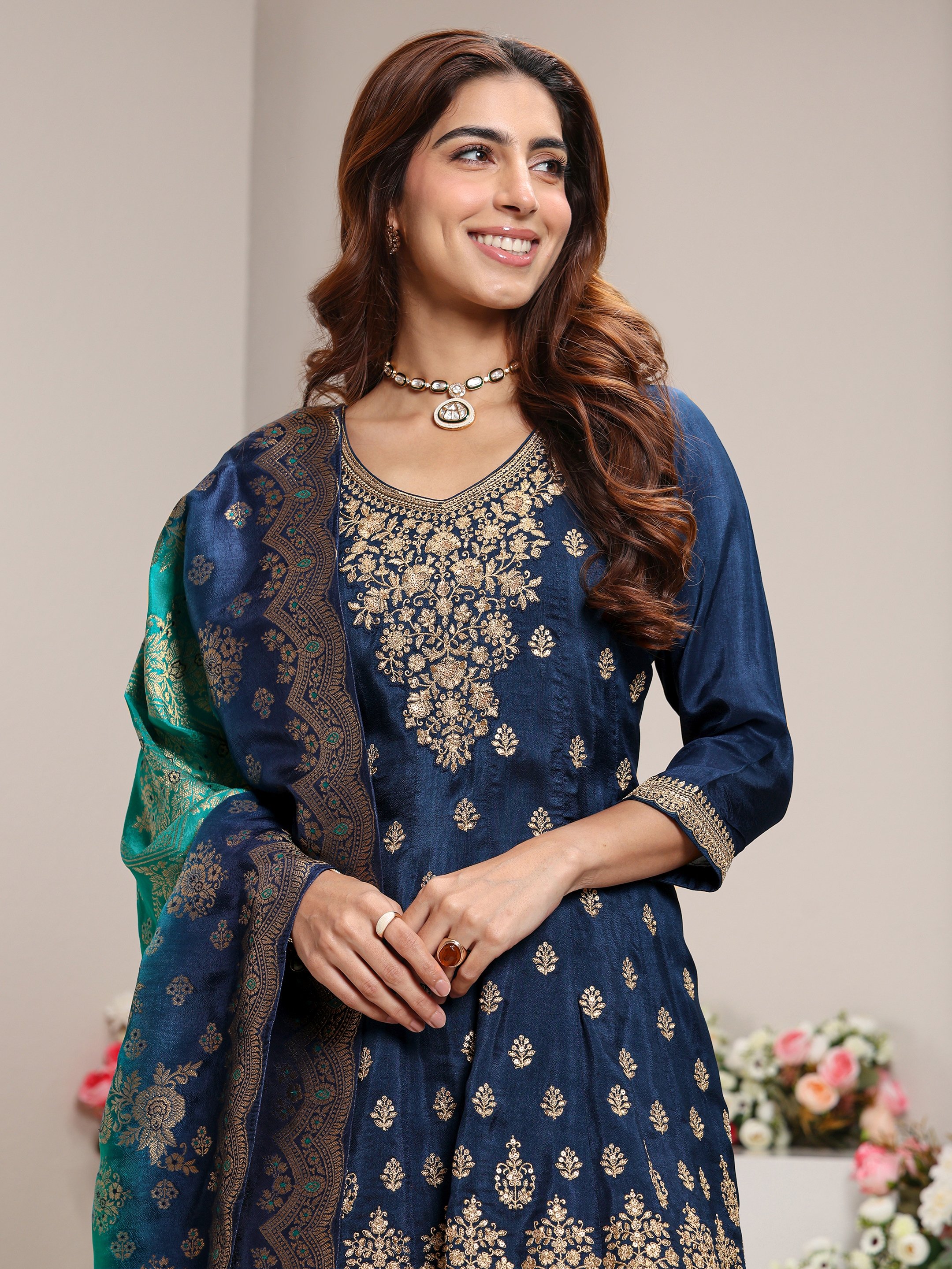 Blue Embroidered Silk Blend A-Line Kurta, Palazzo And Dupatta Set