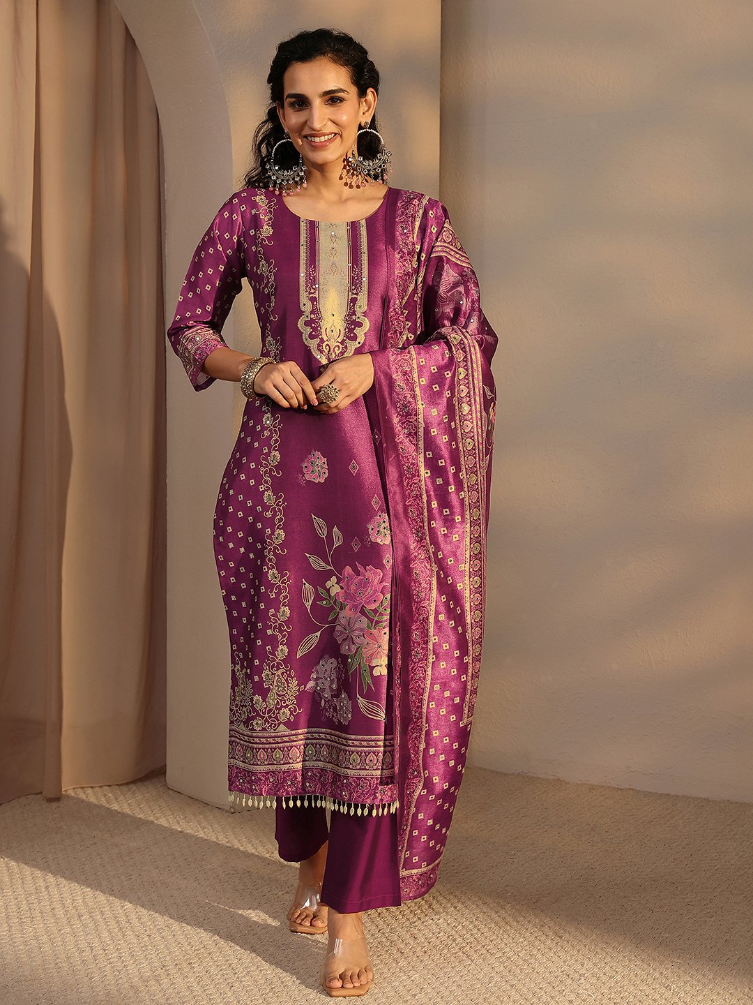 Burgundy Printed Silk Blend Straight Kurta, Pants And Dupatta Set