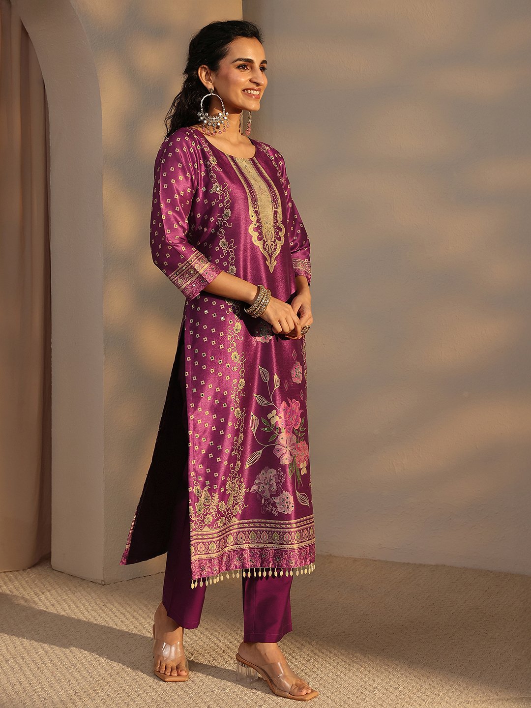 Burgundy Printed Silk Blend Straight Kurta, Pants And Dupatta Set