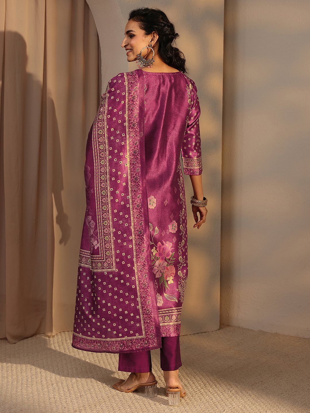 Burgundy Printed Silk Blend Straight Kurta, Pants And Dupatta Set