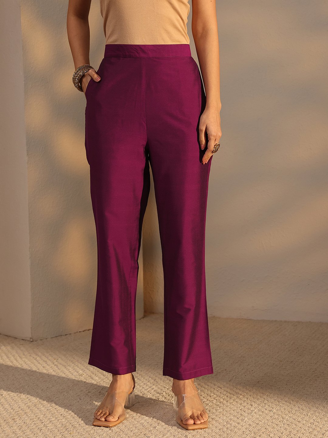 Burgundy Printed Silk Blend Straight Kurta, Pants And Dupatta Set