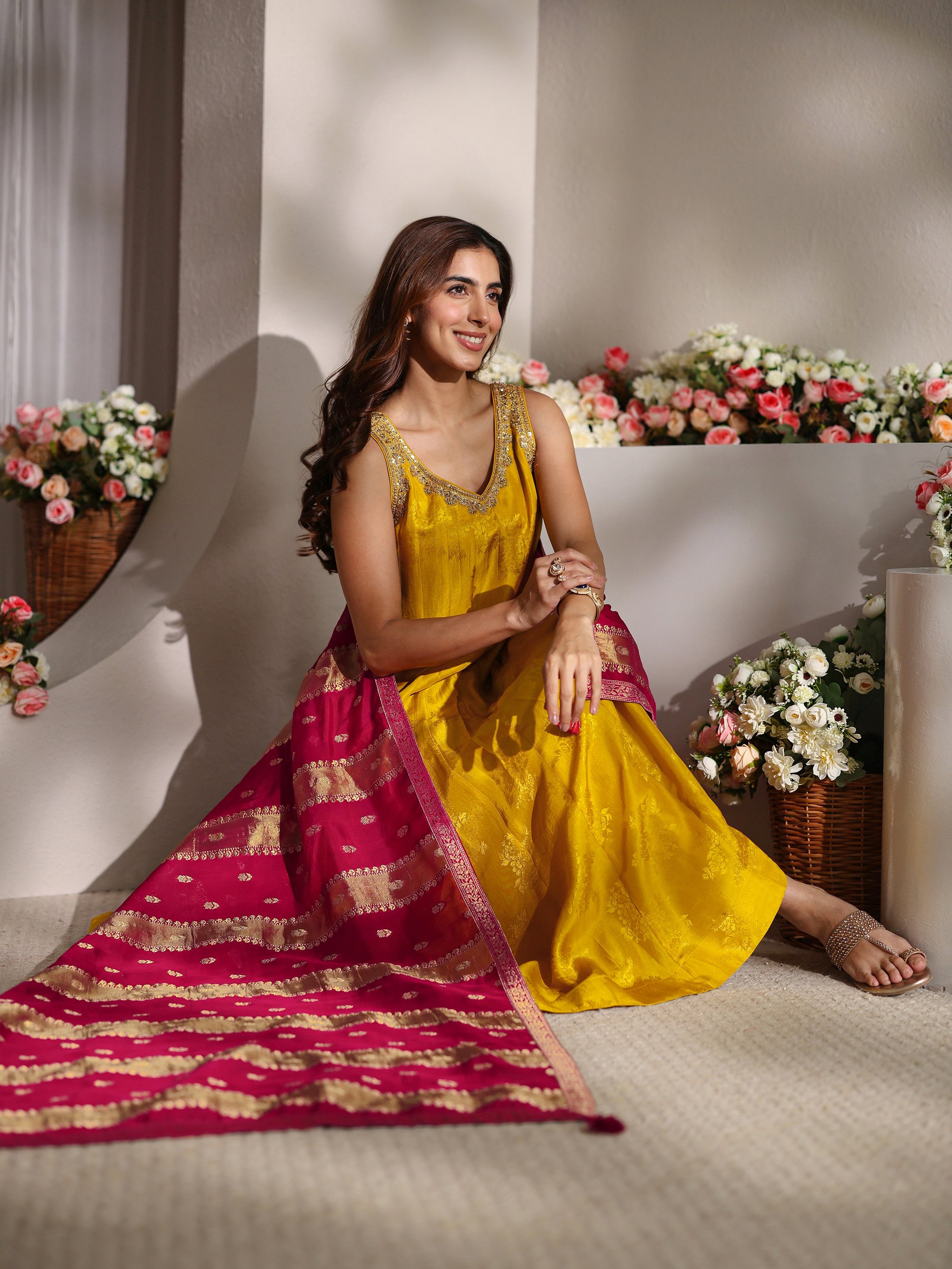 Mustard Solid Silk Blend A-Line Kurta, Straight Pants And Dupatta Set