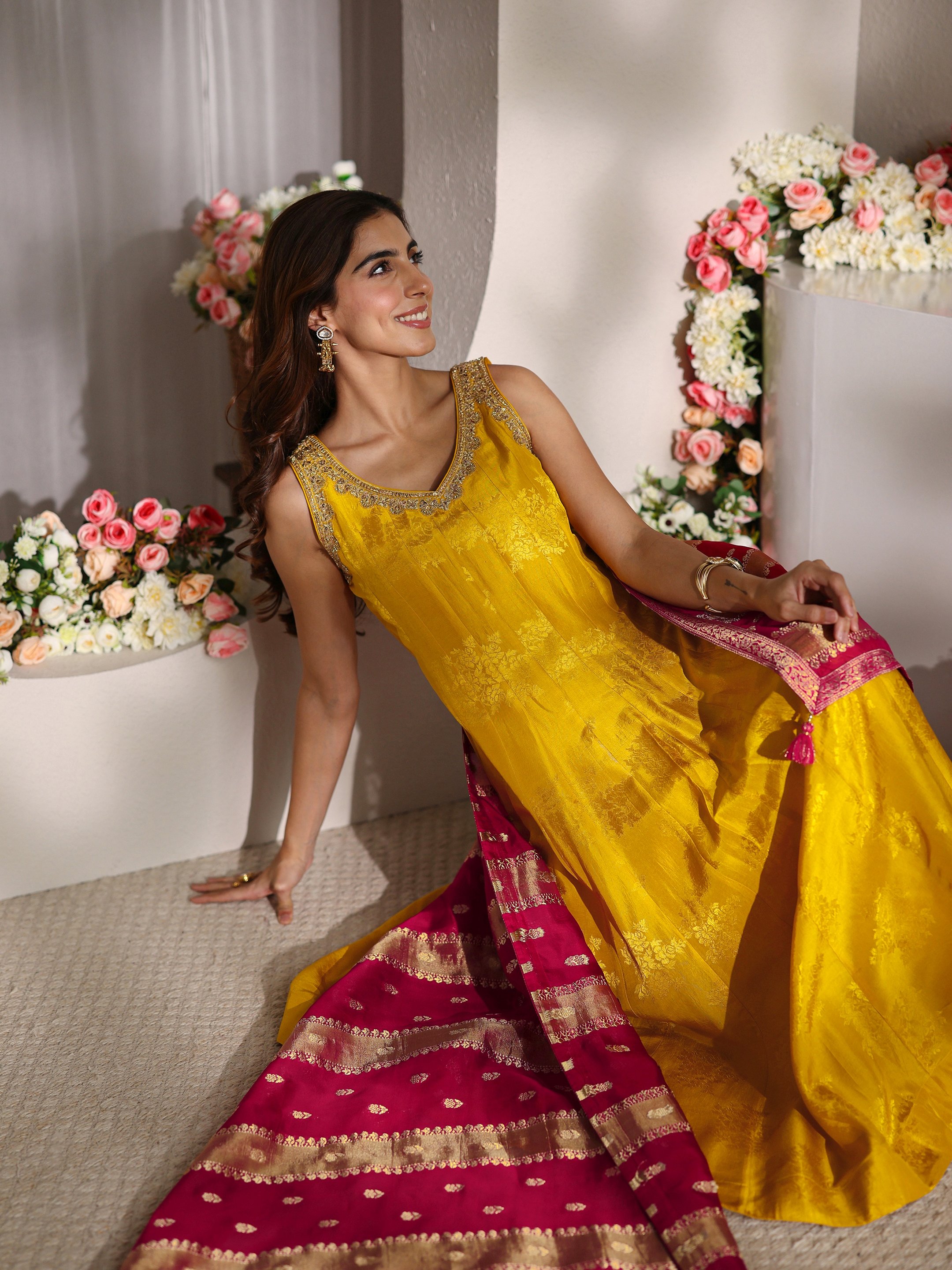 Mustard Solid Silk Blend A-Line Kurta, Straight Pants And Dupatta Set